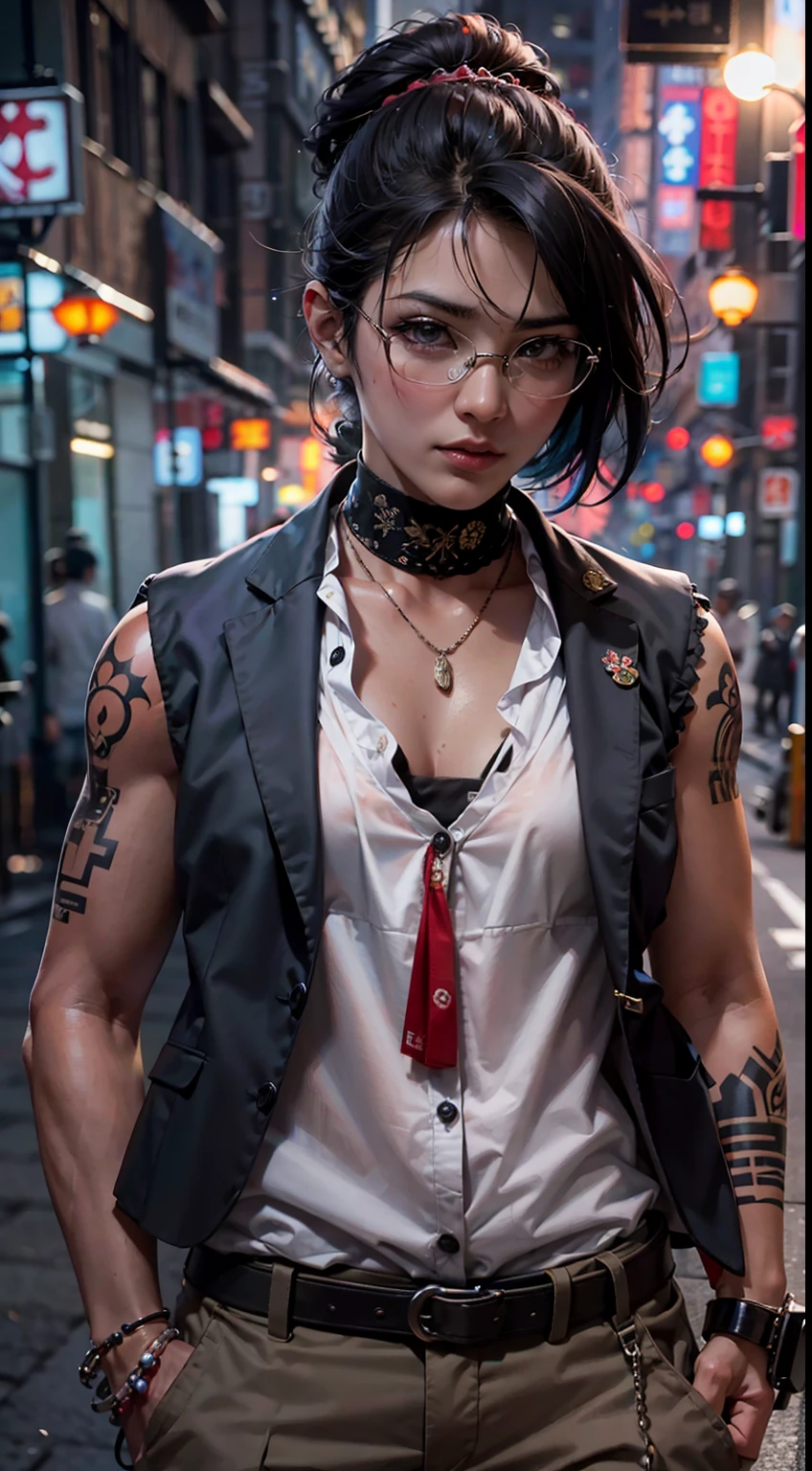 A gangster boss on the streets of Japan, A group of gang members stood behind,mirada enojada,coreano mixto,the background is blurred,focal,cinematography lighting,(((tmasterpiece))), ((Mejor calidad)), ((Complejo y detallado)), ((Realismo ultrarrealista)), Ridiculous resolution, Un MILF, Mujer madura, Ssee-through, Altamente detallado, ilustratio, 1girll, (teta enorme), Cintura delgada y caderas gruesas,piernas largas,hermosos ojos detallados, Cabello corto y detallado, Cabello de color moreno, un ojo morado, (Gangster suit:1.2),Tatuado con,Grandes brazos florales,Lleno de tatuajes,Yakuza japonesa,Kamami Yamaguchi,Yamaguchi-gumi japonés,Mujer yakuza japonesa,El inframundo,tatuaje completo,Gangster boss,Gafas de sol,Gangster Godfather,y hay sangre en las comisuras de la boca,Jefe de pandilla,Hay cicatrices en la cara,vendaje en las manos,Violencia sangrienta,Sexy y femenina,(sin ropa interior),bragas, Background detallado, ojos perfectos, Ojo seductor, (Mano bonita),Detalle de las manos,Mirando a Viewert,desde el frente,Use luz,Enciende un cigarrillo,Matones de traje,