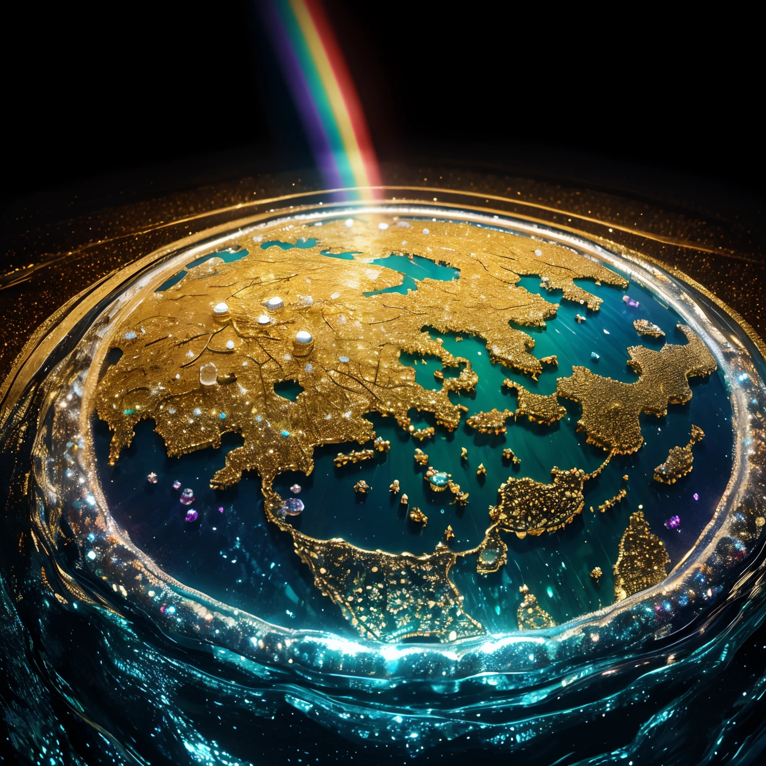 finest image, (8k, RAW photo, realistic), country of jewels, country trapped in water droplets, country of gold plated and silver plated, iridescent rainbow-colored country, detailed and delicate depiction, professional lighting