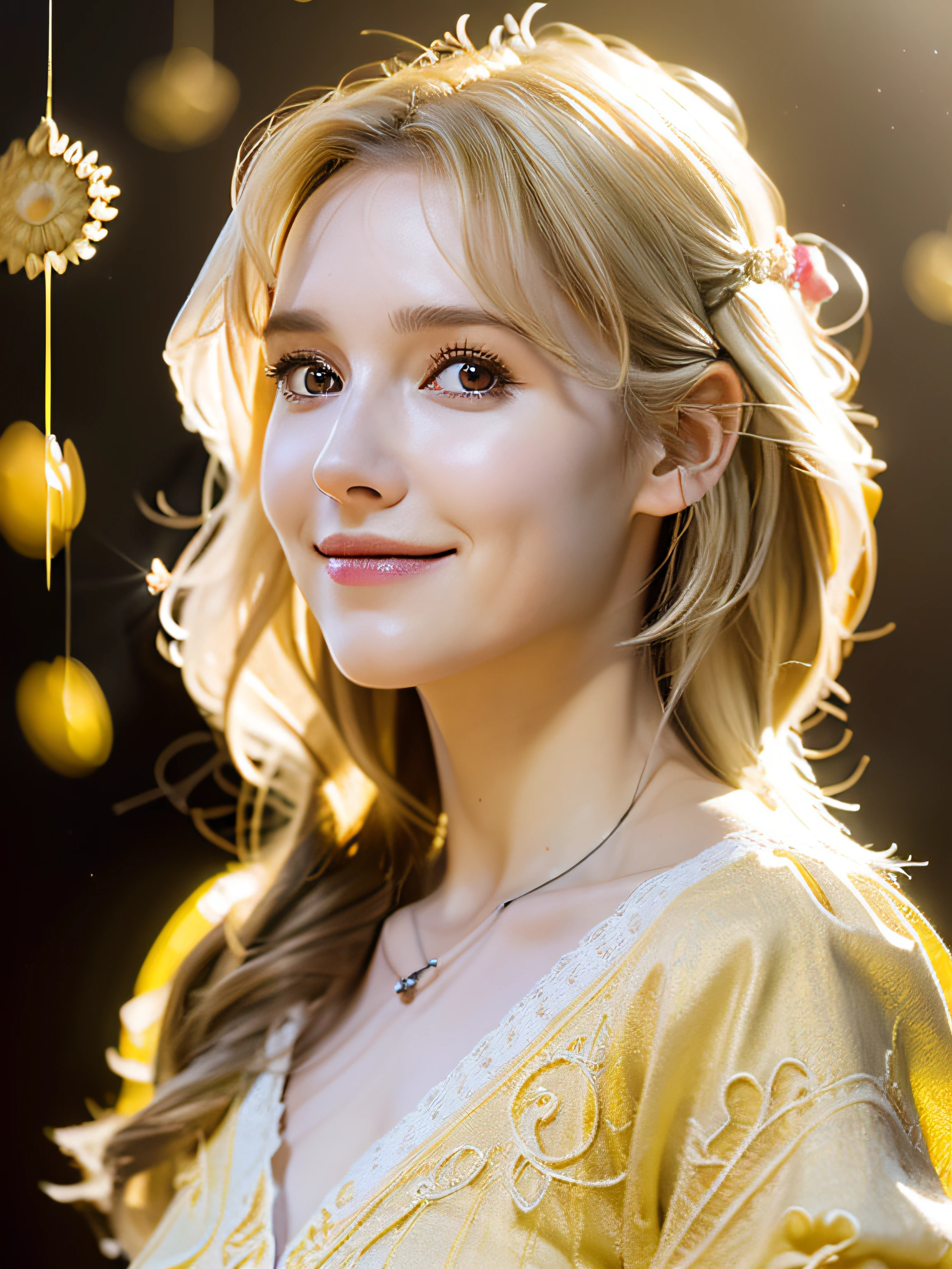 Close-up head, Facing Camera, Realistic digital painting portrait of female human, 3R1NM0R1ART72, Cute smile, (Wavy Hair:1.1), (Blonde hair:1.3), Magical Yellow Universe, White magic cloth armor with yellow carvings on intricate details, (Abstract, Background:1.2), (light Particle:1.1), (Very detailed skin:1.2), (Game Concept:1.3), (Elden Ring Style:1.3), (arcane style:0.8), (depth of fields:1.3), Global Illumination, Art by Juan Rapp, Fuji Hoko, Altgarm, Greg Rutkowski and Victoria Gavrilenko