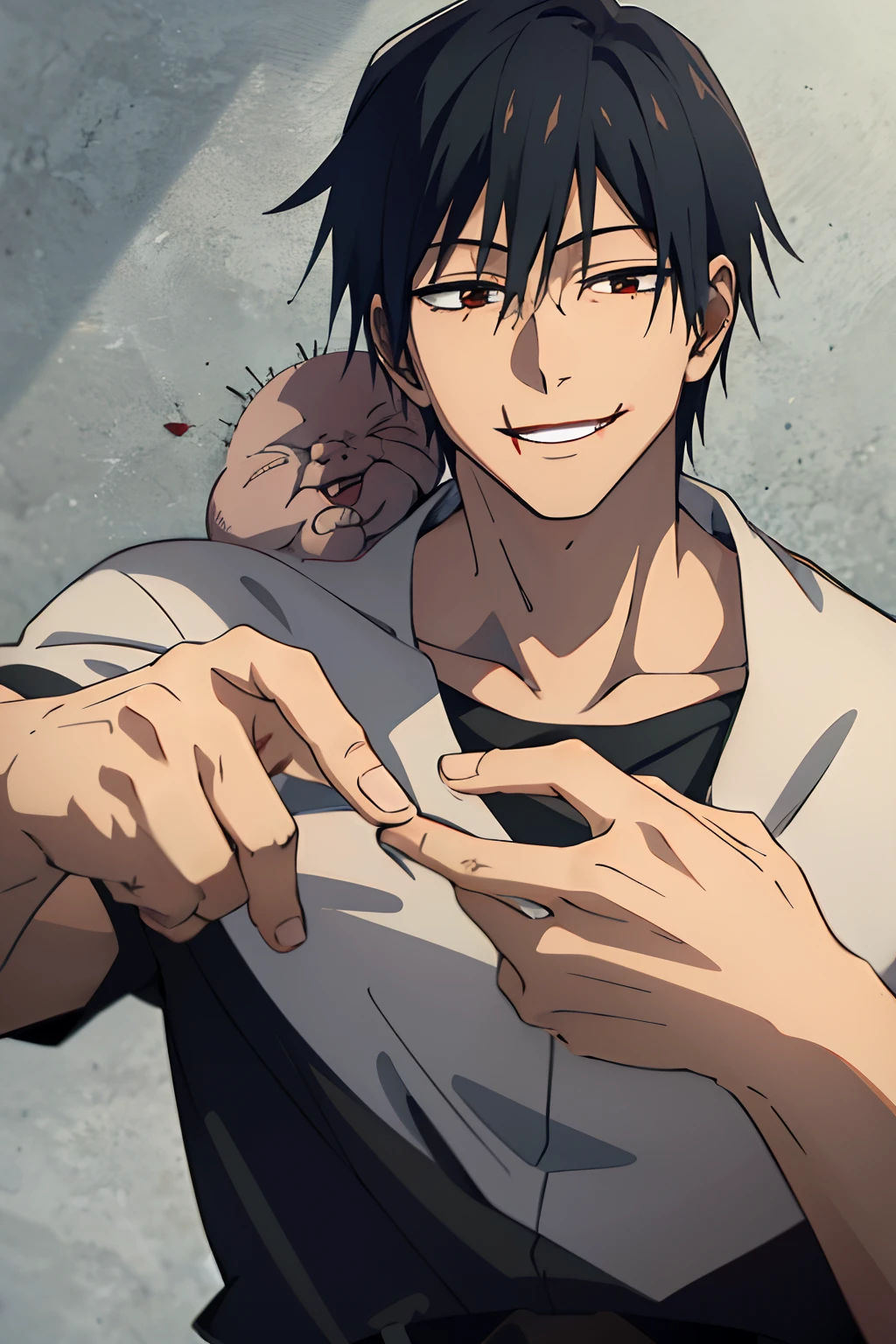 Masterpiece, high quality, best quality, beautiful, HD, 1man , toji fushiguro ,smiling , blood in his hands