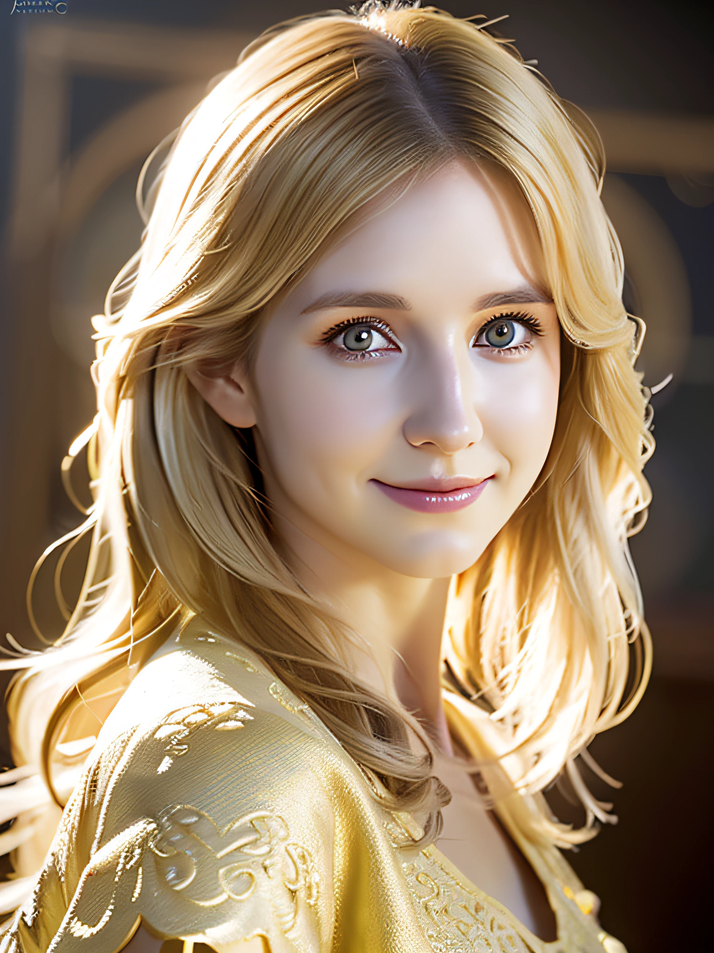 Close-up head, Facing Camera, Realistic digital painting portrait of female human, 3R1NM0R1ART72, Cute smile, (Wavy Hair:1.1), (Blonde hair:1.3), Magical Yellow Universe, White magic cloth armor with yellow carvings on intricate details, (Abstract, Background:1.2), (light Particle:1.1), (Very detailed skin:1.2), (Game Concept:1.3), (Elden Ring Style:1.3), (arcane style:0.8), (depth of fields:1.3), Global Illumination, Art by Juan Rapp, Fuji Hoko, Altgarm, Greg Rutkowski and Victoria Gavrilenko