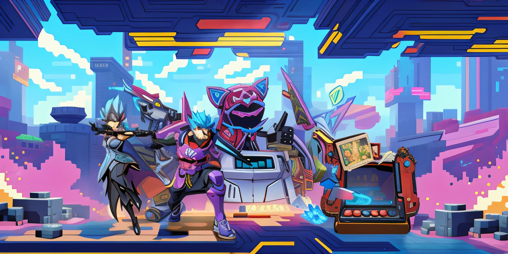(pixal style, , video game console:1.3)Pixel play style,,gaming console, videogame background,, Game City, in a shapes background, 2d game background, 2D game art background background art, game assets,( Pixel Explosion Scene 1.8), Monster Wars,anime cyberpunk art, ,(Various game elements:1.8),