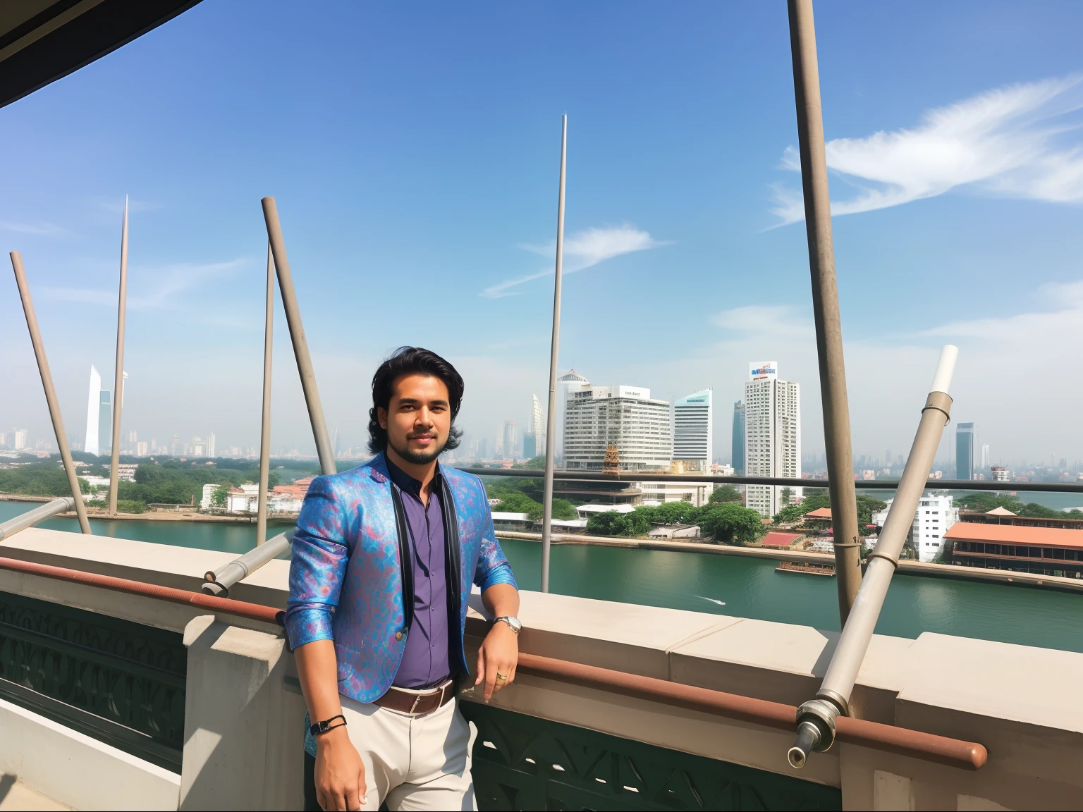 (masterpiece, best quality), intricate details, 8k, art station, wallpaper, official art, splash art, sharp focus, 1male, red eyes, brown hair, full leather suit, cyber bot style, full body suit, knee high riding boots wearing, leather gloves, skyscrapers, cityscape, muscularity, colorful clouds, amazing evening, futurist, Future metropolitan Yangon, Myanmar.