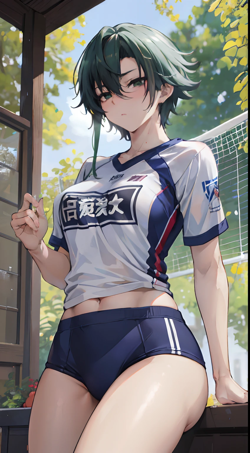 Shoichi, Uploaded on e621, by Pixelsketcher, by Bayard Wu, by Thomas Benjamin Kennington , author：Einshelm, Solo, full bodyesbian, Volleyball uniform, Volleyball, volleyball field, Green eyes