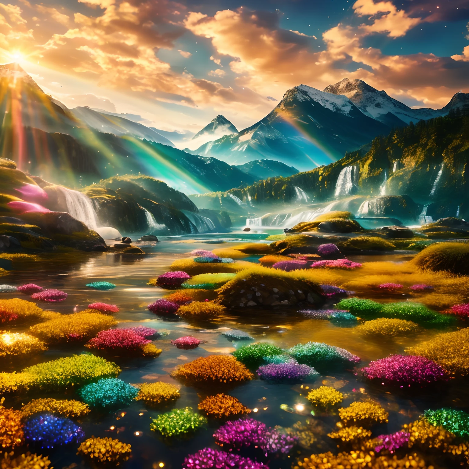 finest image, (8k, RAW photo, realistic), country of jewels, country trapped in water droplets, country of gold plated and silver plated, iridescent rainbow-colored country, detailed and delicate depiction, professional lighting