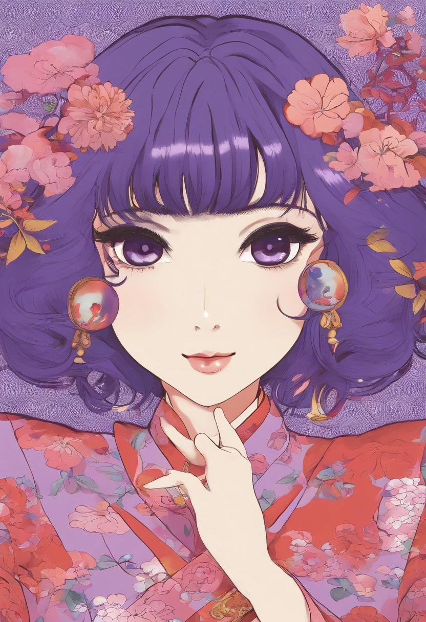 shampoo, Ranma 1/2, vestido Qipao, bun head、Wide-haired purple, de doble cola、Pechos grandes chinos. Pose sujestiva y sensual, Background of Japanese Dollo.