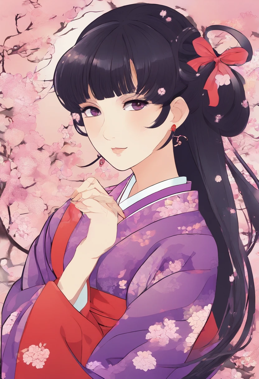 shampoo, Ranma 1/2, vestido Qipao, bun head、Wide-haired purple, de doble cola、Pechos grandes chinos. Pose sujestiva y sensual, Background of Japanese Dollo.
