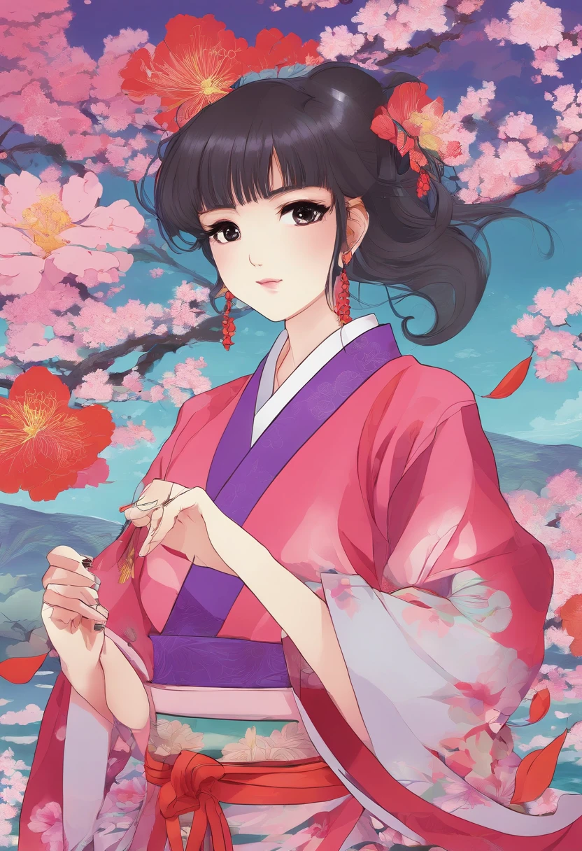 shampoo, Ranma 1/2, vestido Qipao, bun head、Wide-haired purple, de doble cola、Pechos grandes chinos. Pose sujestiva y sensual, Background of Japanese Dollo.