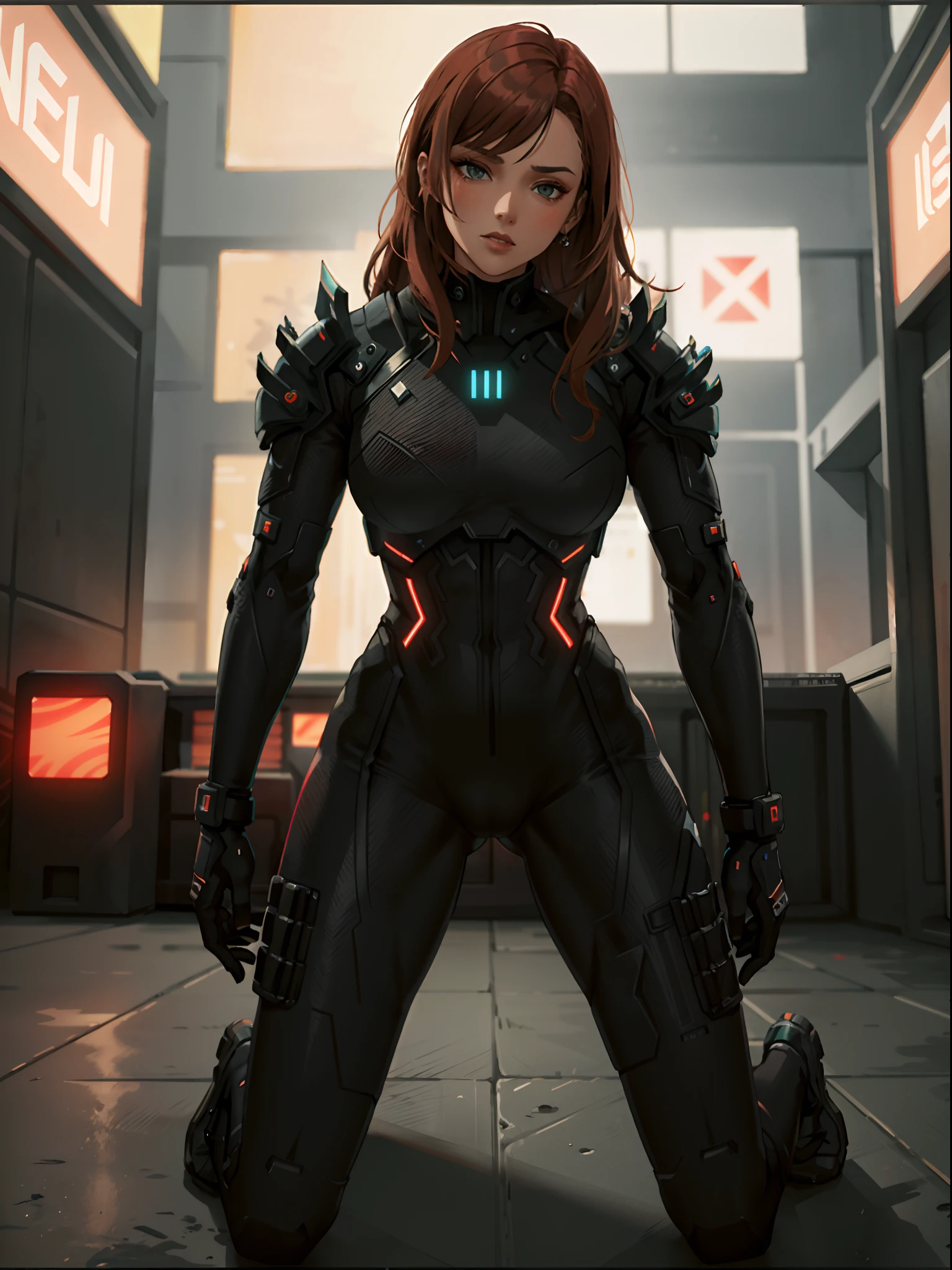 NeonNoir, female woman standing solitary under a subtle red neon glow wearing designer vest, suit trousers,(mechanical arms:1.1),Thailand night city, Only God Forgives, Muscle Special Forces Girl, Muscle Special Forces Girl，eyes glowing, Wearing black special forces equipment, full bodyesbian, Cyberpunk, neonlight, Futuristic, surrealist, Red, Redshift, Maxon Cinema 4D, Quaixel Megascan rendering, Doomsday colors, Red light, Futuristic, 1/3, High detail, Ultra high quality, illusory engine, 8K, ripped body, tall, slim, firness, muscular thighs, muscular legs, muscular arms, abs, wide hip, thin waist, (dynamic pose:1.1), dynamic angle, (kneeling on the floor:1.2), (spread legs:1.1)