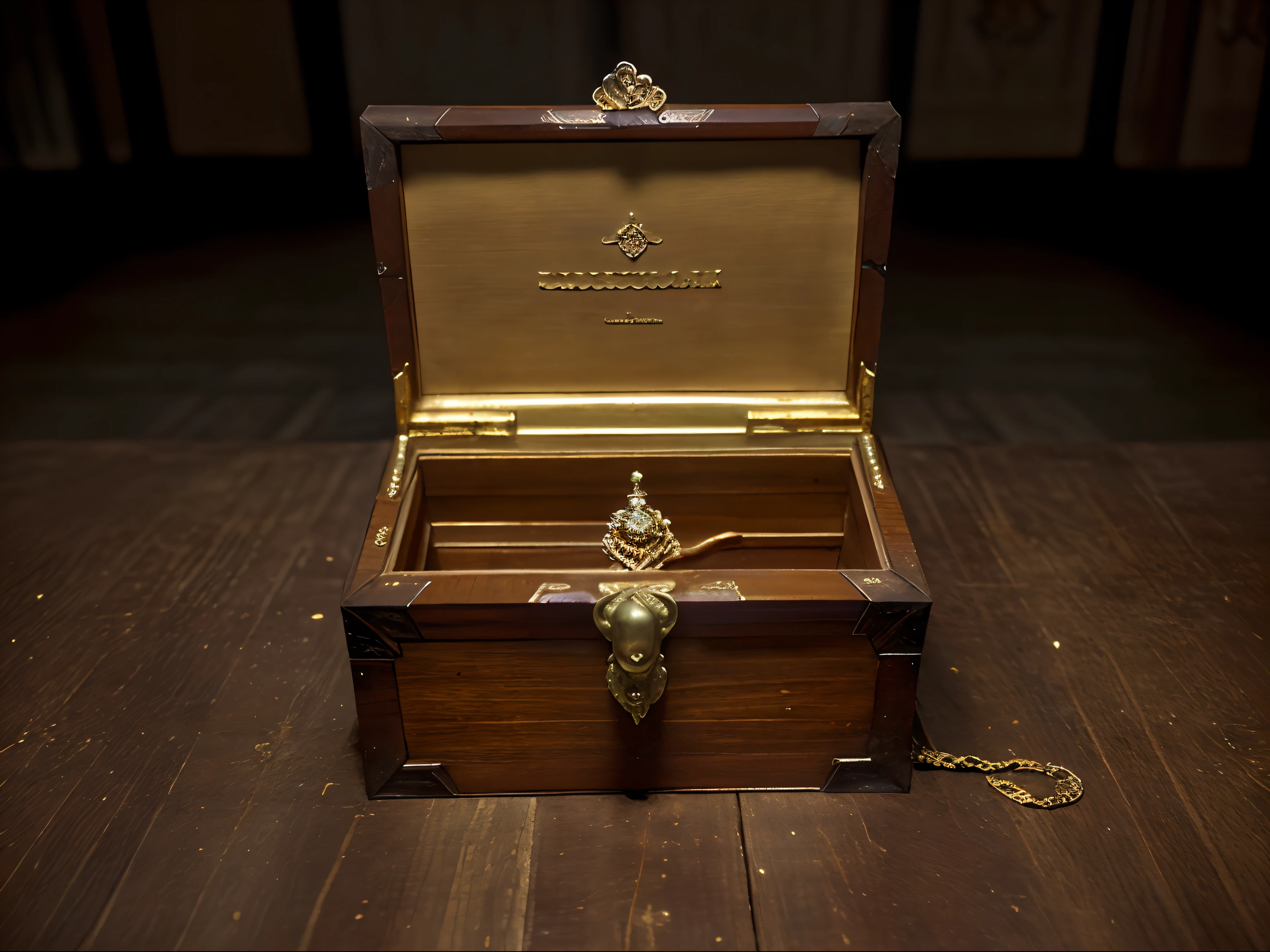 In a dimly lit, forgotten chamber, an opulent gothic time capsule lies untouched, frozen in time. The main subject of this mesmerizing photograph is a grand, intricately carved wooden chest, adorned with ornate gold accents and intricate inlays. The image captures a sense of mystery and nostalgia, reminiscent of an old painting. The exquisite level of detail and impeccable craftsmanship are evident in every curve and embellishment, showcasing the artist's meticulous skill. The aged patina only enhances the allure, as the chest seems to hold secrets and untold stories waiting to be discovered.