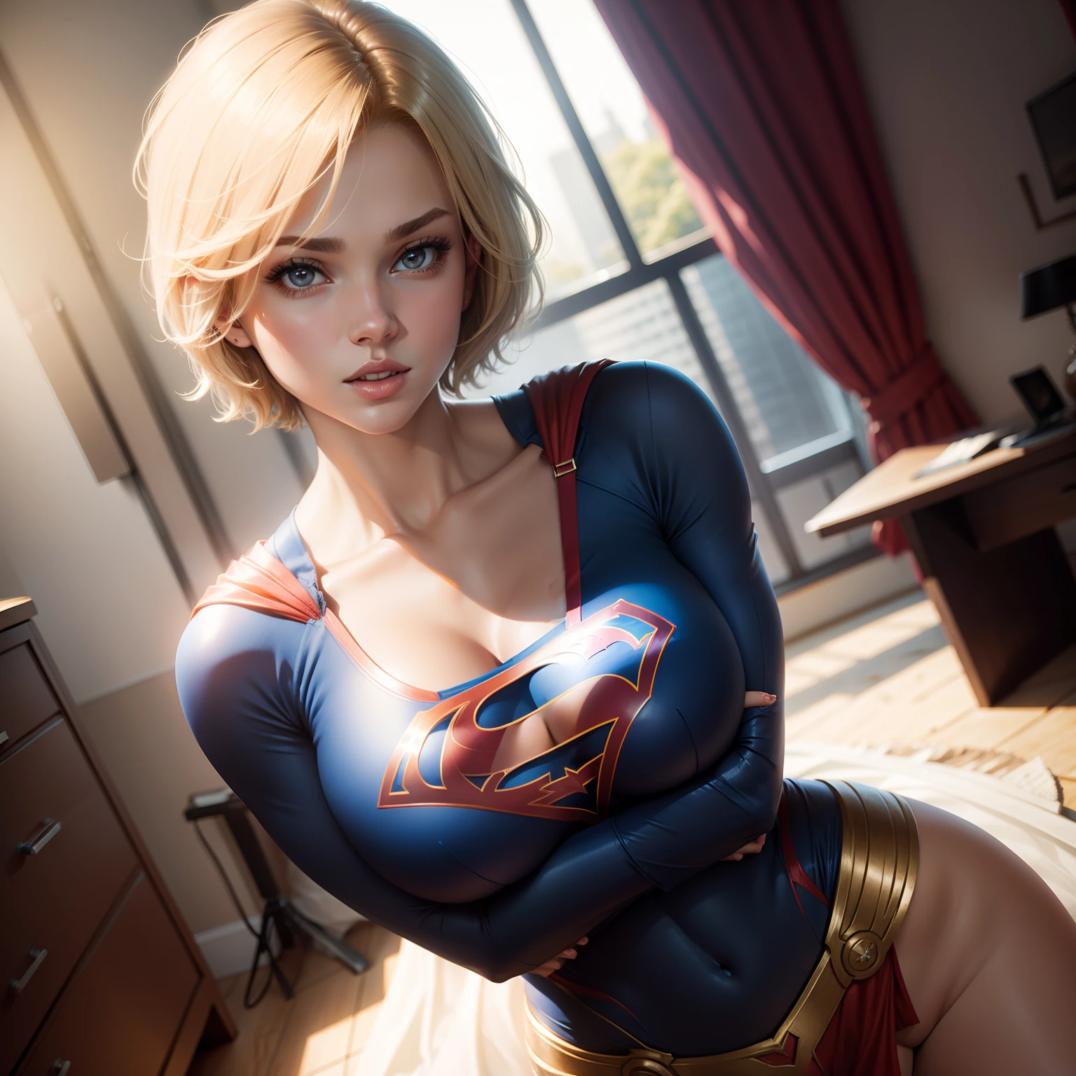 Beautiful woman short hair defined body big breasts, wearing Supergirl cosplay
