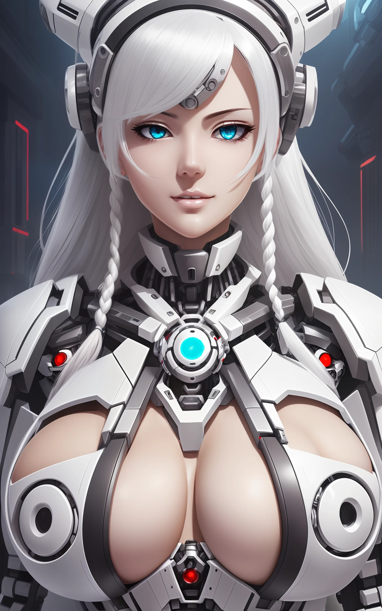 Best quality, masterpiece, white hair, white eyes, dressed in white, strands of hair, white skin, braided on the side, milf, (huge_breasts), robot joints, mechanical parts, headgear, mecha musume, --auto --s2