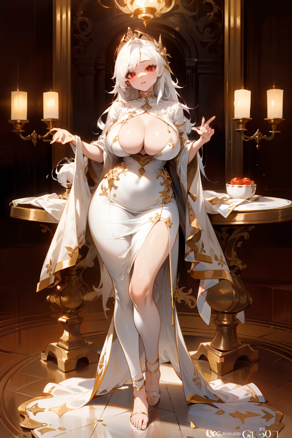 1girl,white skin,red eyes,eye lash,long white hair,standing,big breast,g cup, curvy, thigh white dress,white heel,5 toes, masterpiece, Grammy winning award, high quality,ultra detail,8k resolution,really tight dress