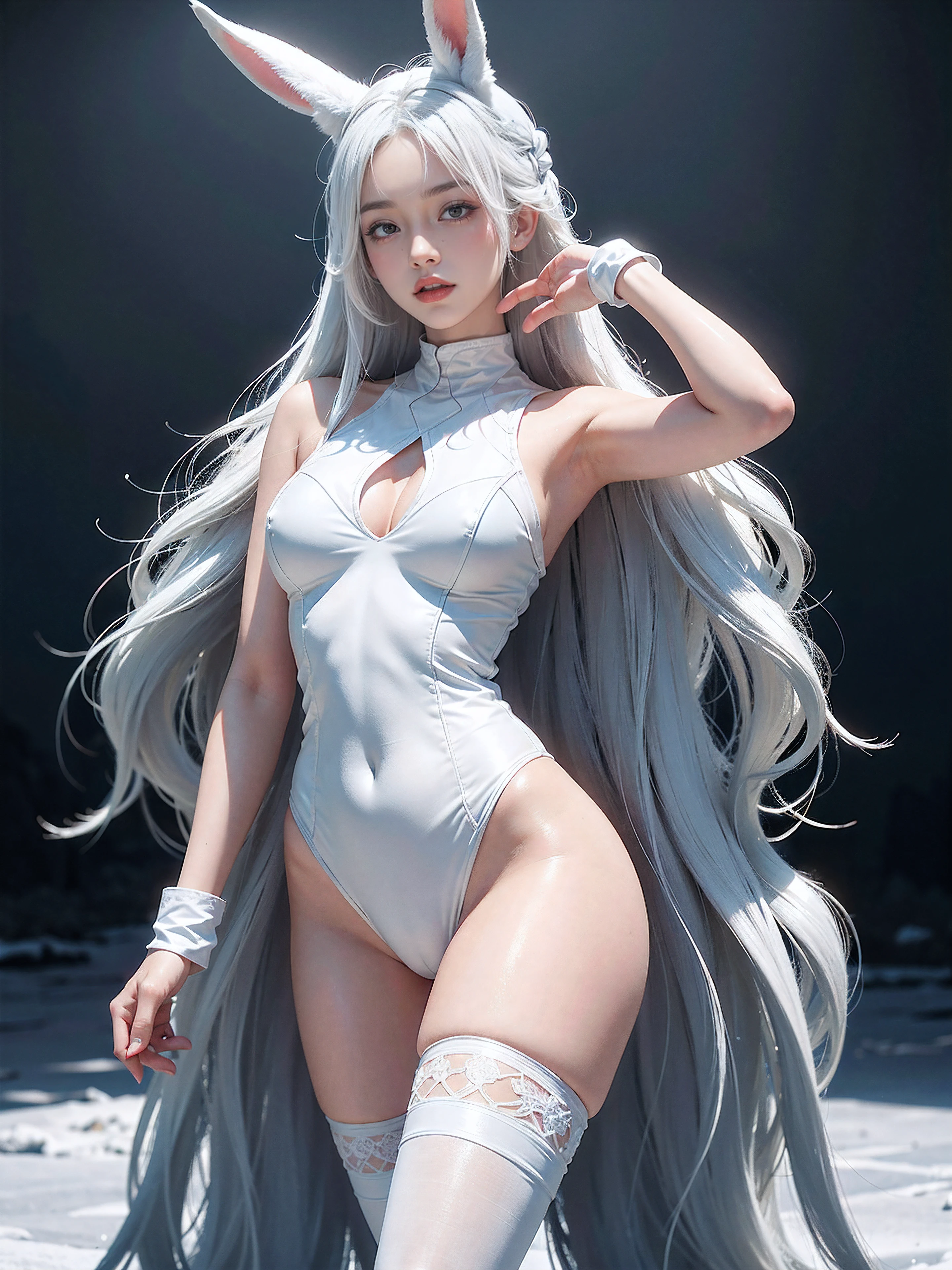 25-year-old girl with rabbit ears posing in the snow, suntanned skin, perfect white haired girl, 3d rendered character art 8 K, trending on cgstation, in a white bodysuit, with white very long hair, The Goddess of Winter, sexypose, Curved body, (intricate details:0.9), (HDR, hyper-detailing:1.2), (natural skin textures, hyper realisitc, soft light, Sharp), (Intricate Detail 1.5). Gloomy dark background.