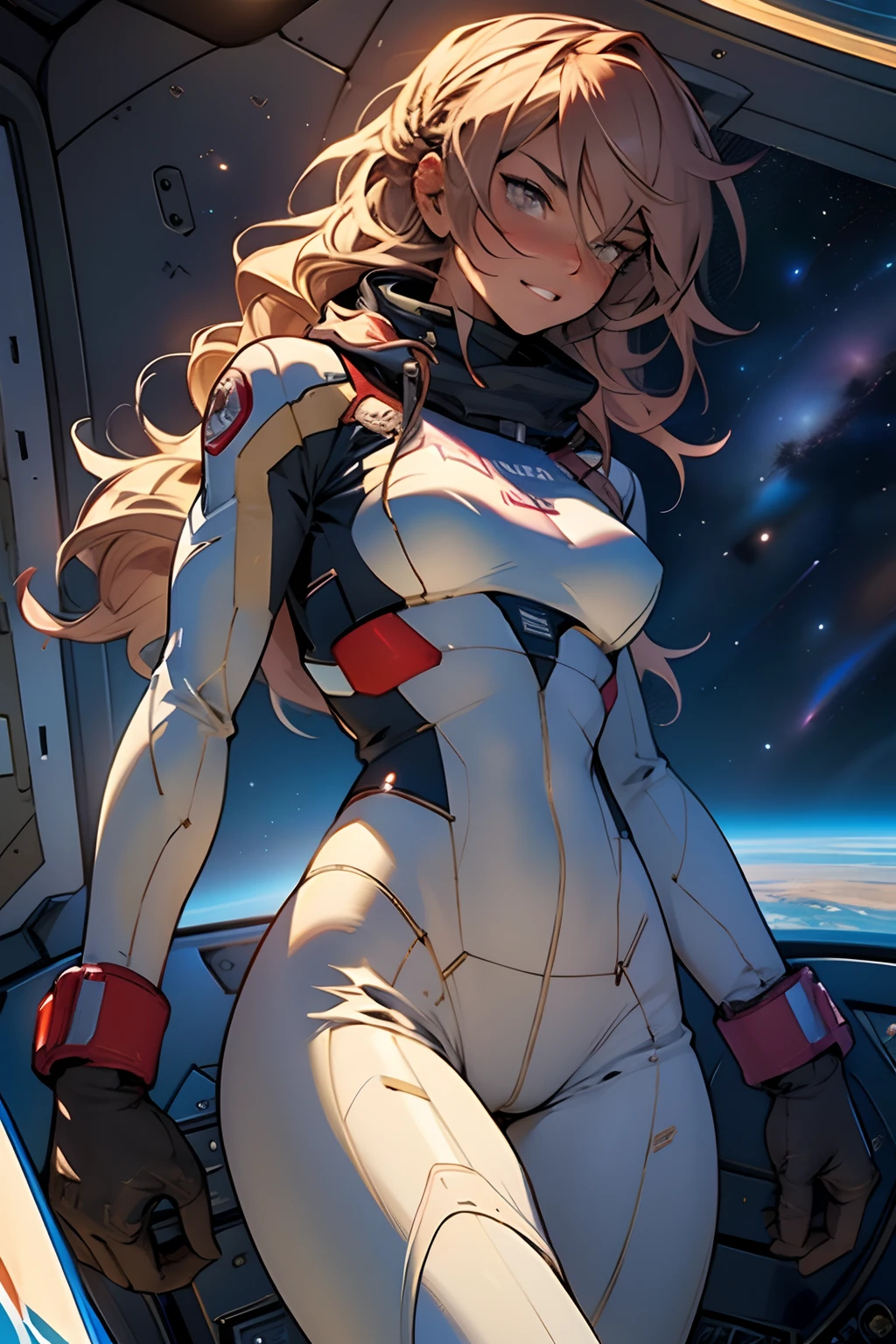 sandy hair fit body large breasts slender thighs slender waist pilot suit solo looking at viewer in space long hair blushing determination, 8k, extreme detail,