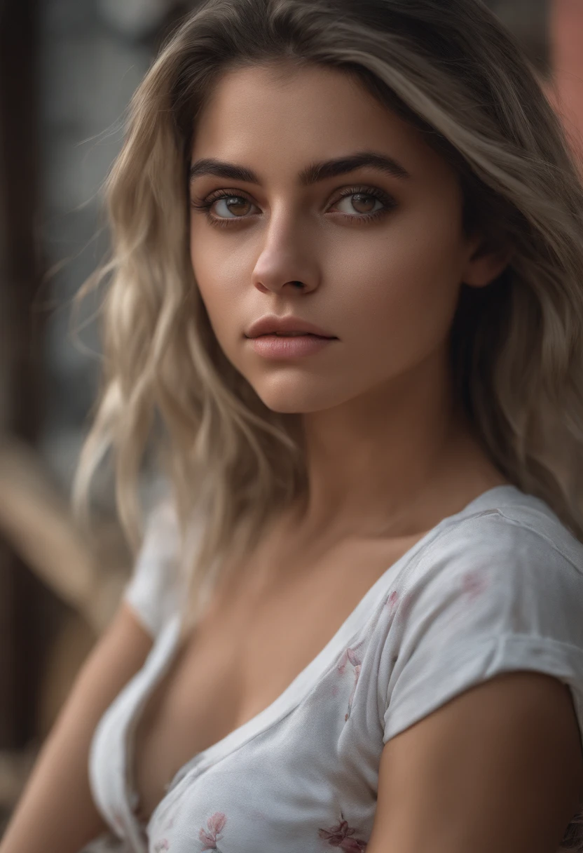 ultrarealistic arafed woman with  attractive clothes, sexy girl with brown eyes, portrait Sophie mud, black hair and large eyes, image of a young woman, bedroom eyes, kylie Jenner , without makeup, natural makeup, looking directly at the camera, face with artgram, subtle makeup, stunning full body shot, in a roof , cleavage, at the park