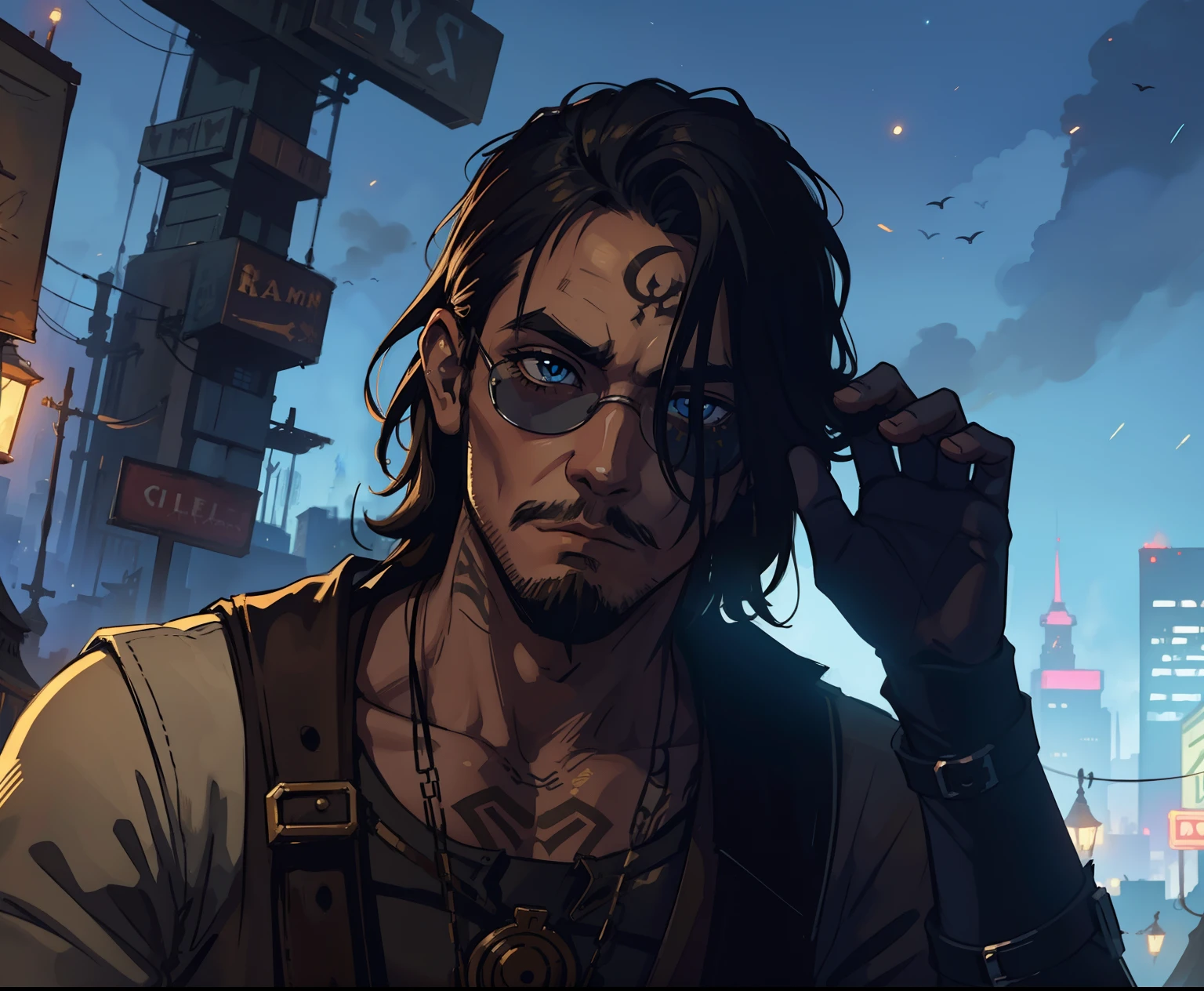 1 homem lindo com tattuagem Steampunk, An art for an RPG A non-human nocturnal city background ((Very detailed strokes))
