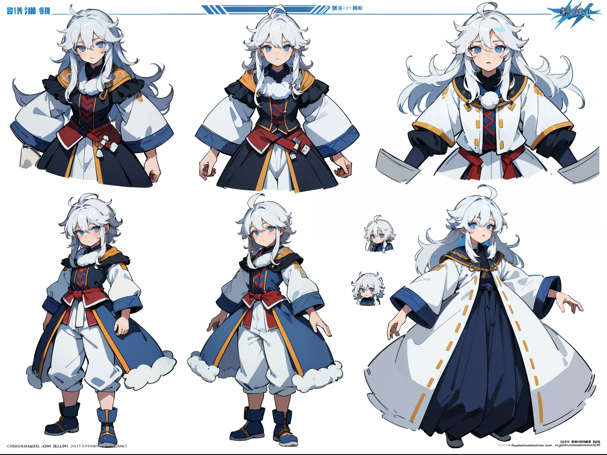 ((Masterpiece, Highest quality)), Detailed face, character sheets, full bodyesbian, 1boys,shoun,children's,Babe, Blue eyes, White hair, Long hair, Messy hair, Soft and fluffy hair, hair between eye,Tibetan costumes,Full of details, Multiple poses and expressions, Highly detailed,Blue and white composition