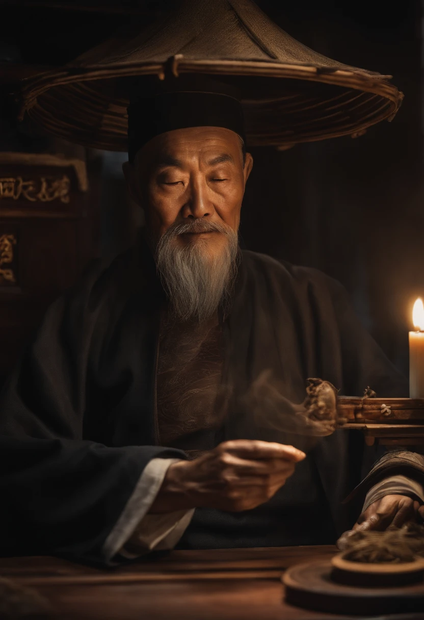 The old Chinese medicine doctor sat at the table in the infirmary,Close-up view of the face,Fairy wind road bone,