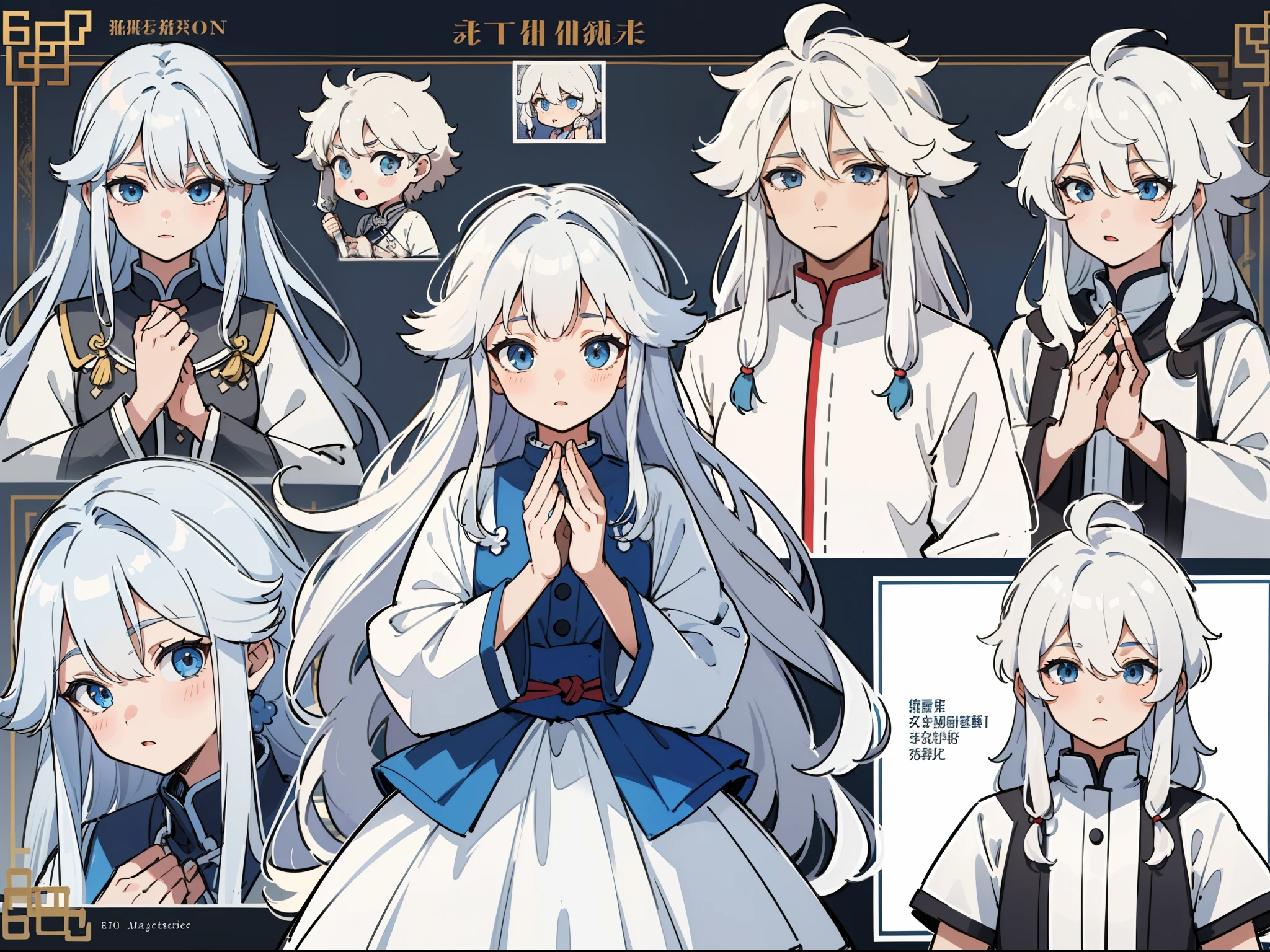 ((Masterpiece, Highest quality)), Detailed face, character sheets, full bodyesbian, 1boys,shoun,children's,Babe, Blue eyes, White hair, Long hair, Messy hair, Soft and fluffy hair, hair between eye,Tibetan costumes,Full of details, Multiple poses and expressions, Highly detailed,Blue and white composition