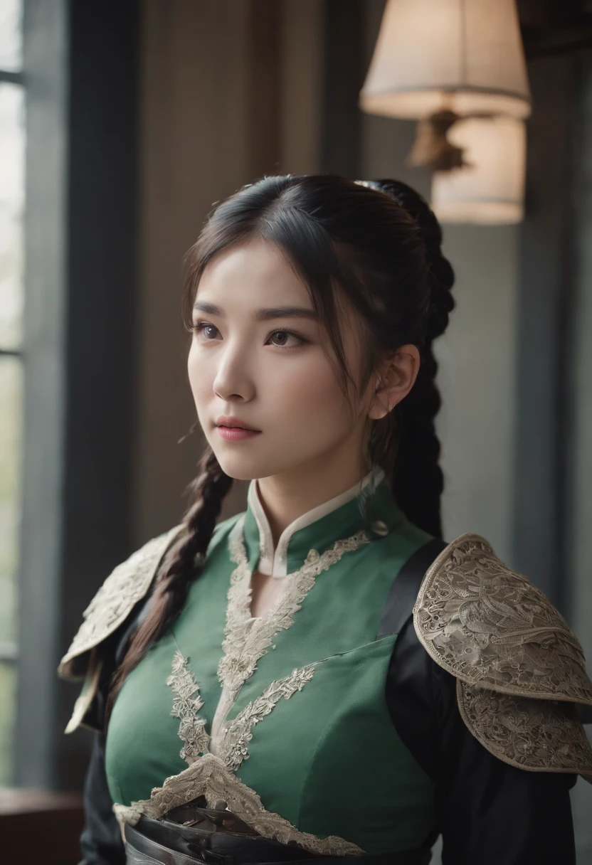Green Wearing Armor, Black suit, Black hair, pony tails, Japanese girl, Ribbon lace-up blouse, upper half