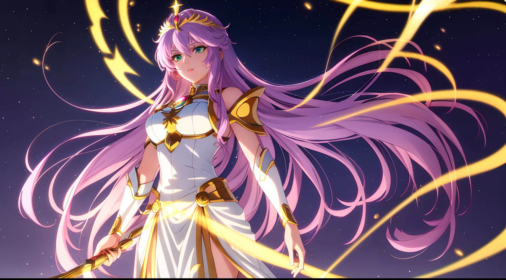 Saint seiya Athena with plain long light purple hair,hair between eyes,green eyes,rosy cheeks,full lips,thin eyebrows,slender body,wearing golden coat and full long skirt,praying beads on neck,cute anime girl,full body,rocky cliff night stars in background,anime style,Lumen Reflections,Screen Space Reflections,Diffraction Grading,Chromatic Aberration,GB Displacement,Scan Lines,Ray Traced,Anti-Aliasing,FXAA,TXAA,RTX,SSAO,Shaders,OpenGL-Shaders, GLSL-Shaders,Post Processing,Post-Production,cell Shading,Tone Mapping,CGI,VFX,SFX,insanely detailed and intricate, 4K,standing, solo, masterpiece, best quality, detailed face, detailed eyes, highres, standing, solo,masterpiece, best quality