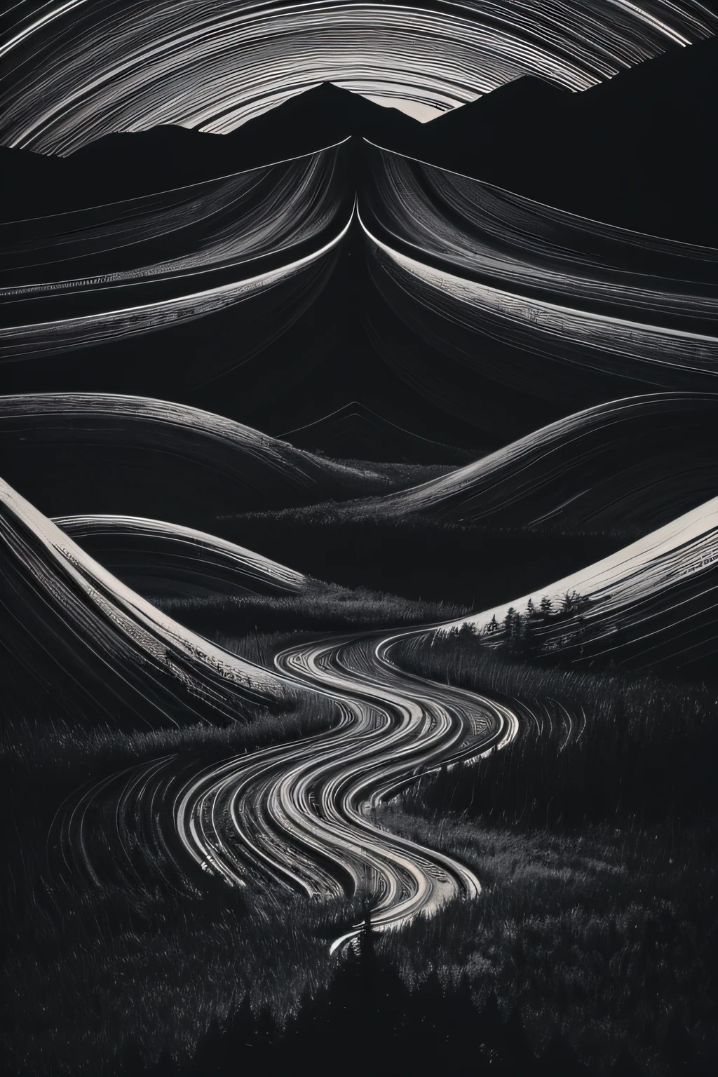 1️⃣ The cover of Black Box Forest 2, In the style of Stanley Donwood, Monochrome Op art, [Jim Woodlin, Lyrical lines, Leiji Matsumoto, Spiritual landscape, Ultra-fine details - AR 9:16 -- seconds 50 2️⃣ Taylor Swift《labyrinths of》Cover of a，Joe DiMaggio, In an intricate psychedelic landscape style, Monochrome painting, hand-drawn animation, emily carr, woodcut print, mountainous vistas, Encoding mode -- AR 9:16 --sec 50