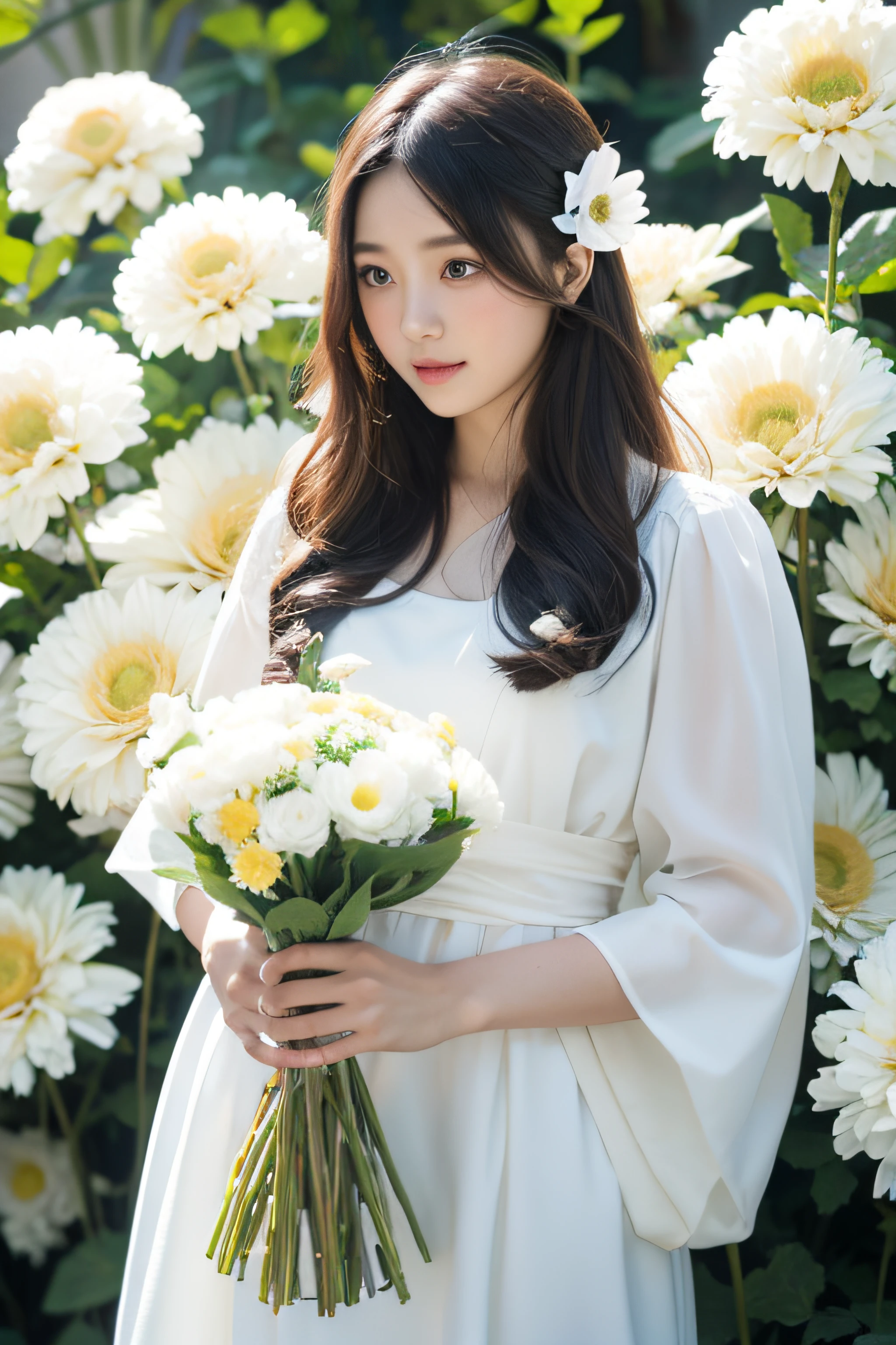 Costume, white, long hair, beautiful girl, beautiful, chrysanthemum, sea of flowers, butterfly