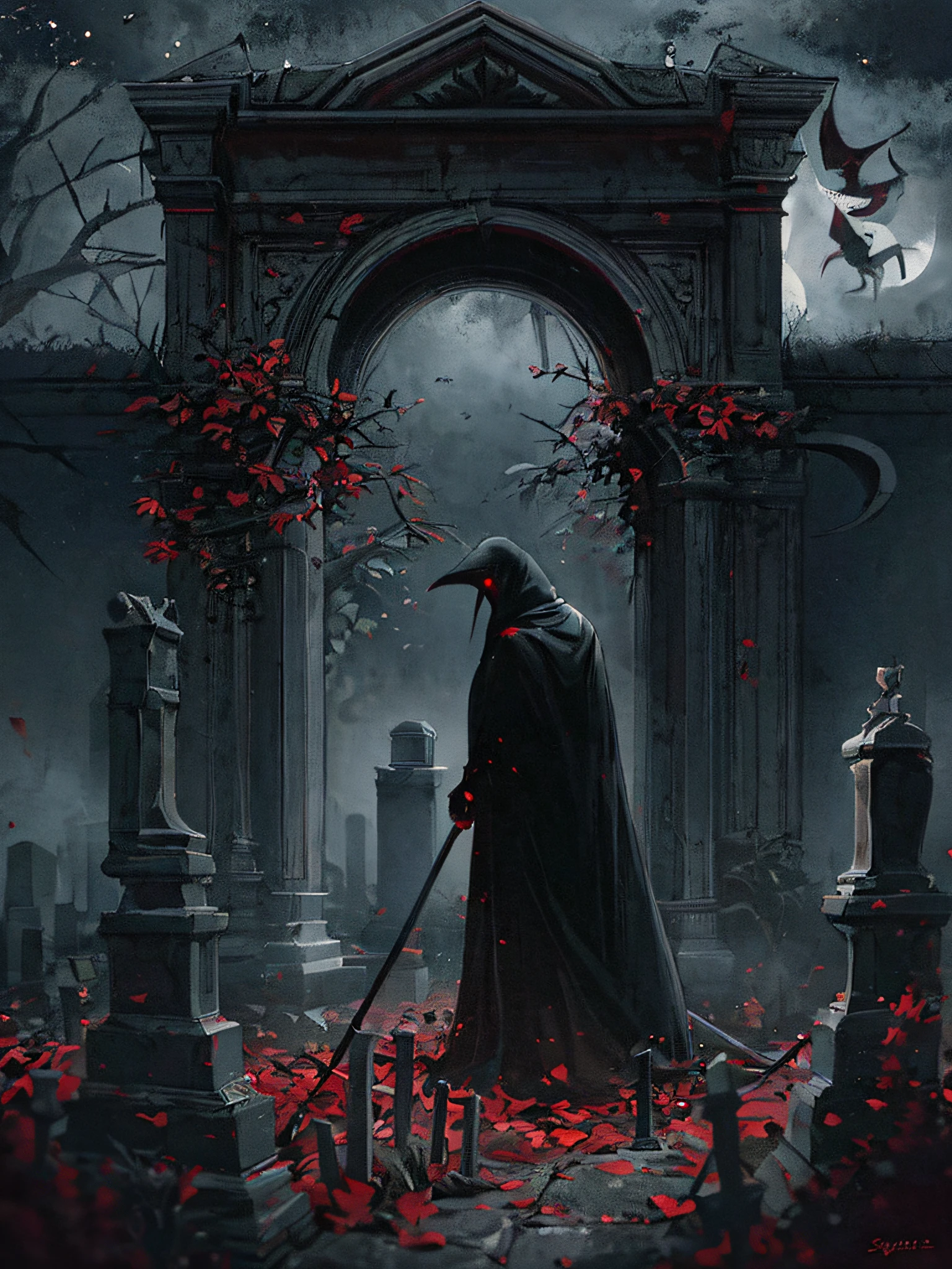 (masterpiece)), best quality, ultra-detailed, expertly crafted character design, eerie atmosphere, dark and moody lighting, ominous shadows, unique interpretation of grim reaper and plague doctor, (scythe:1.2), (cemetery:1.2), (crimson moon:1.2), (plague:1.2), Escher-style perspective, hauntingly beautiful scene.