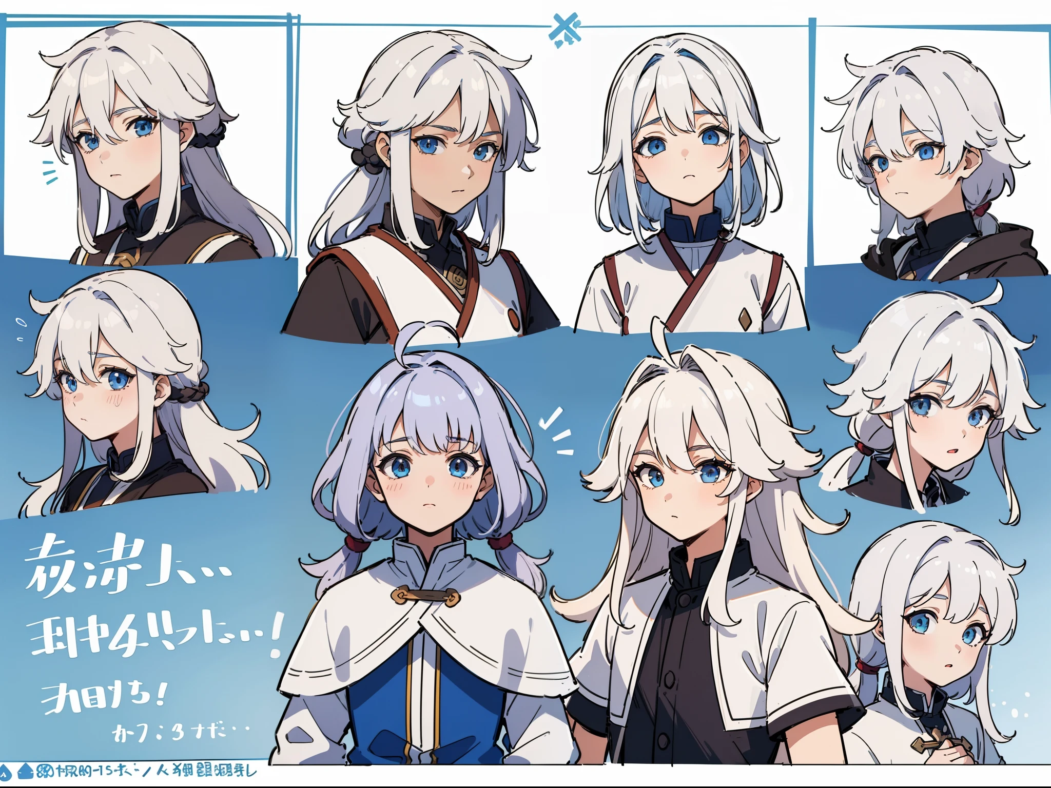 ((Masterpiece, Highest quality)), Detailed face, character sheets, full bodyesbian, 1boys,shoun,children's,Babe, Blue eyes, White hair, Long hair, Messy hair, Soft and fluffy hair, hair between eye,Tibetan costumes,Full of details, Multiple poses and expressions, Highly detailed,Blue and white composition