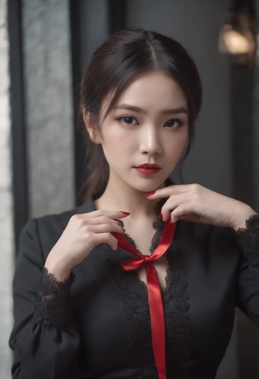 Red fingernails, Black suit, Black hair, pony tails, Japanese girl, Ribbon lace-up blouse, upper half