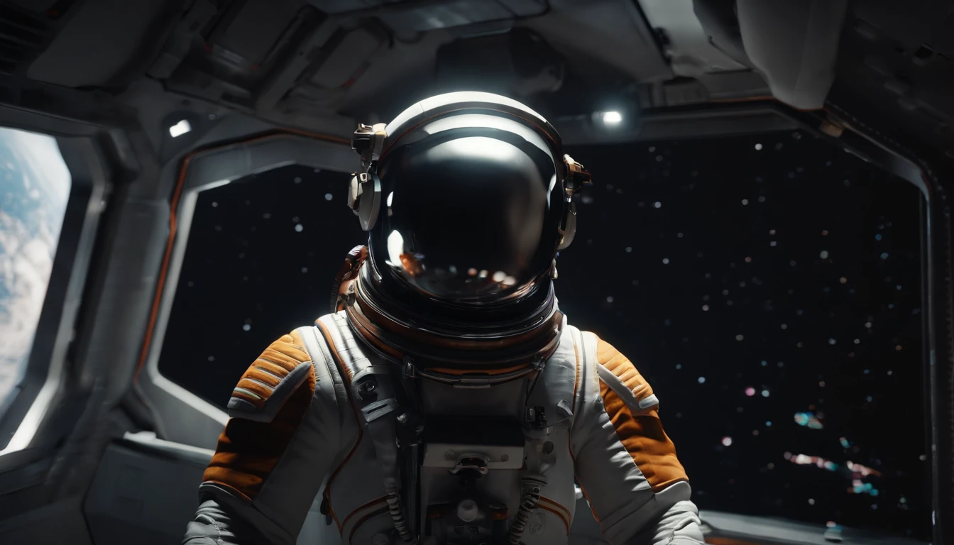 If you have a closed astronaut helmet and no face, perfect details, 16 k, unreal engine 5, ultra sharp focus, intrikate, SINISTER, Epic Art Masterpiece, TanvirTamim, artstation trend, Knocking on the window outside the ship, Outside the spaceship, floating in space, One Astronaut