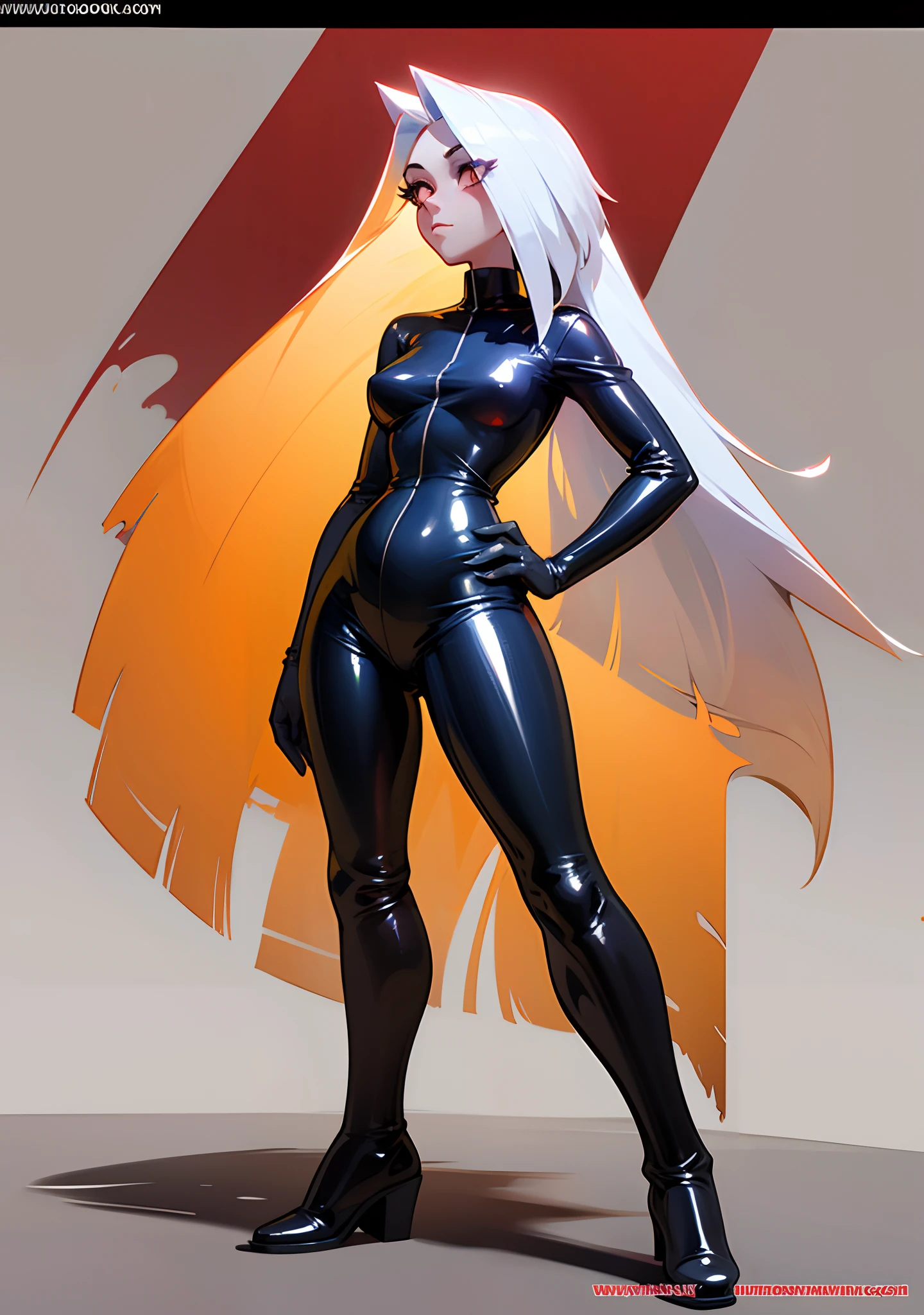 tanraak (style), ((masterpiece)), ((8k quality)), (no watermark), Vaggie, female, mouth closed, detailed bedroom, standing, one hand on her hip, other hand at her side, (solo:1.4), sleek, shiny latex suit