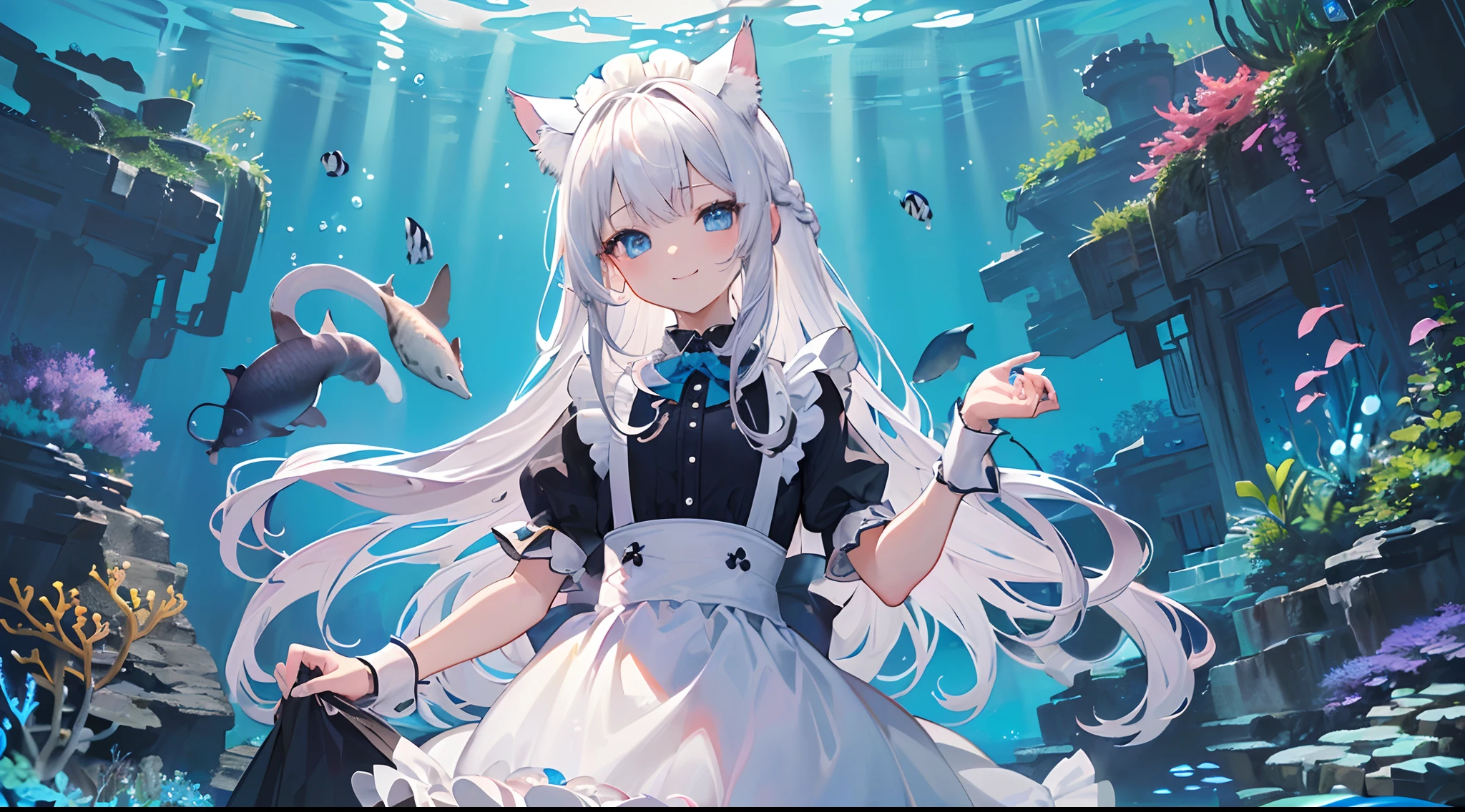 high-level image quality、Crisp down to the smallest detail、hight resolution、Only one girl（About 12 years old、childish、flat chest、Platinum blonde long hair、((Bangs braid only on the left side）､(Hair splashed in the jaw)、((Long straight hair at the back)、Blue eyes、cat ear、maid clothes、Wet、a smile。 situation（frontage、delight、Underwater Sights。Background with、Underwater daytime under the sea、Lots of Fish、reefs、mystical