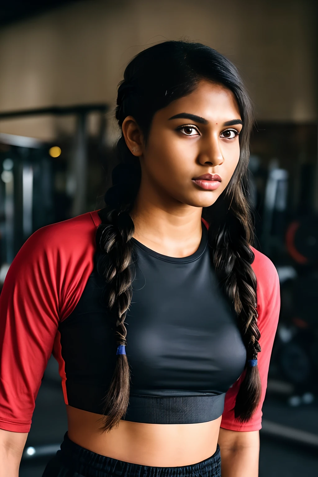 (full body, editorial photograph of a young dusky Indian woman), photographed in a gym, (highly detailed face:1.4) (smile:0.7) (background indian gym , moody, private study:1.3) POV, nikon d850, film stock photograph ,4 kodak portra 400 ,camera f1.6 lens ,rich colors ,hyper realistic ,lifelike texture, dramatic lighting , cinestill 800, realistic, wearing black gym Top, half sleeve, posing!!, candid picture, medium body, extra large sized breasts, black hair, braided hair, medium hair length realistic skin texture, brown skin