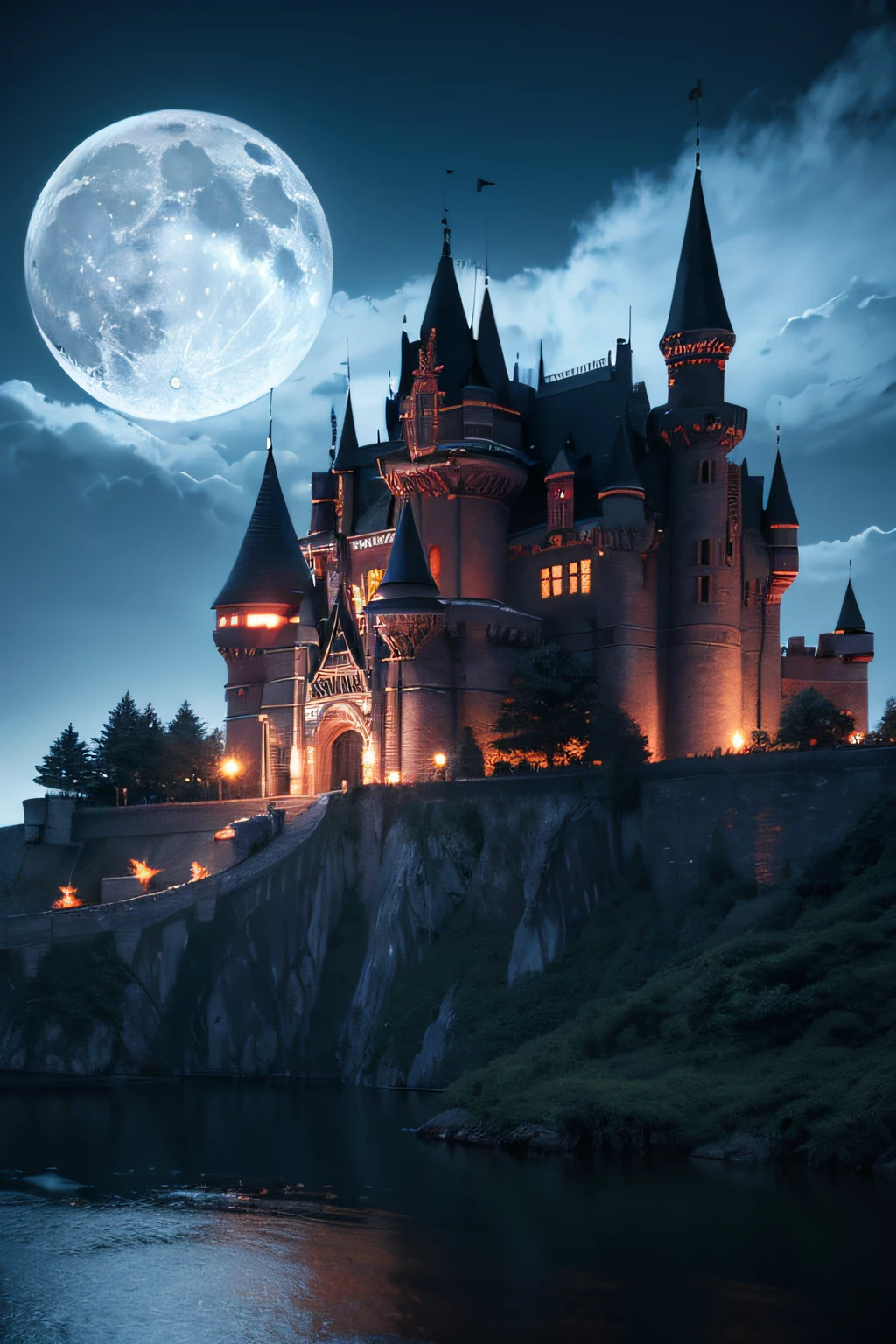 Black, white, red scene (arte em papel cortado: 1.5) A vampire castle in the darkness of the night, an award winning masterpiece (Cut-out art pictures: 1.5), Vampire dark castle at night with towers. turrets, moat, Use only (black: 1.2), (White: 1.2) and (Red: 1.2) colours, Moon stars, Dynamic Angle, Moon lightning, Dynamic Angle, best detail, Best quality, 16k, [Ultra detailed], Masterpiece, Best quality, (Ultra detailed), full bodyesbian, super wide shot, photorealistic 3d render