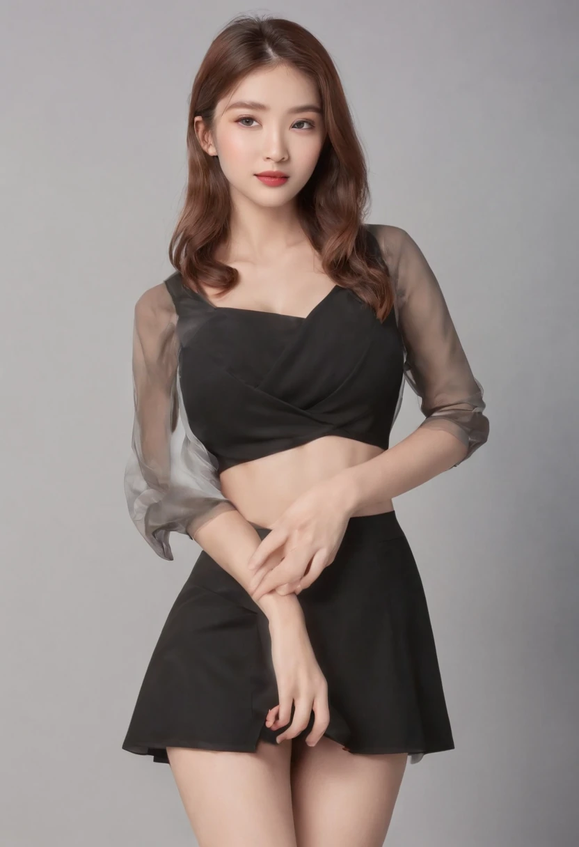 ulzzang -6500-v1.1, (Raw photo:1.2), (Photorealsitic), a beautiful detailed girl, (Real: 1.4), ighly detailedな目と顔, beatiful detailed eyes,  (Strapless blouse, flered skirt, Ultra-realistic pantyhose:1.2)、full body Esbian、 (Very affectionate smile:1.2)、huge filesize, hight resolution, ighly detailed, top-quality, [​masterpiece:1.6], illustratio, ighly detailed, nffsw, finely detail, top-quality, 8k wallpaper, Cinematographic lighting, 1girl in, 17 age, perfect body type, cute droopy eyes beautiful big eyes、Pieckfinger, ((masutepiece)), Best Quality, 1girl in, eye shadow, Upper body, Portrait, ((FULL BODYSHOT:1.6))、