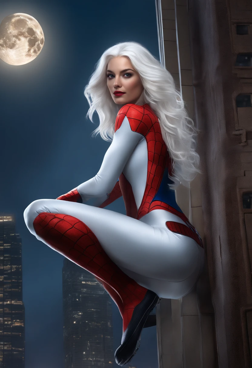 (Masterpiece, 4k resolution, ultra-realistic, very detailed), (White superhero theme, charismatic, there's a girl on top of town, wearing Spider-Man costume, she's a superhero), [ ((25 years), (long white hair:1.2), full body, (blue eyes:1.2), ((Spider-Man pose),show of strength, jumping from one building to another), ((sandy urban environment):0.8)| (cityscape, at night, dynamic lights), (full moon))] # Explanation: The Prompt mainly describes a 4K painting of ultra-high definition, very realistic, very detailed. It shows a superheroine at the top of the city, wearing a Spider-Man costume. The theme in the painting is a white superhero theme, the female protagonist has long white hair, is 25 years old and her entire body is shown in the painting. In terms of portraying the actions of superheroines, spiders are employed