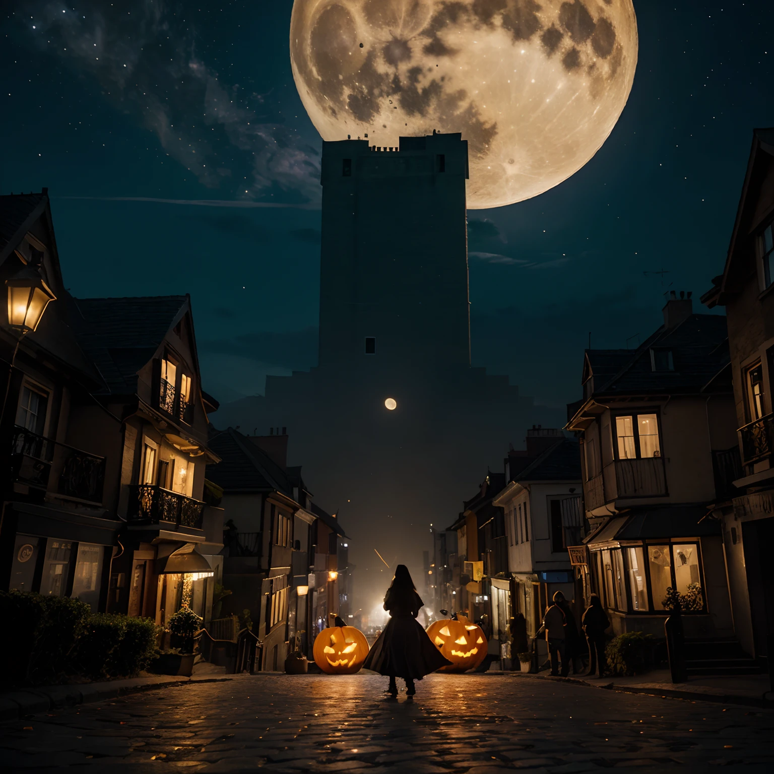 master piece, top-quality, 32K, 8K, absurderes, The best illustrations, mid European city, Official art, Halloween, the witch, Ride a broom, nigh sky, flying though the air. Ghost pumpkin. You can see a big full moon in the colorful starry sky, camera down angle  You can see buildings and city lights at the bottom of the screen.