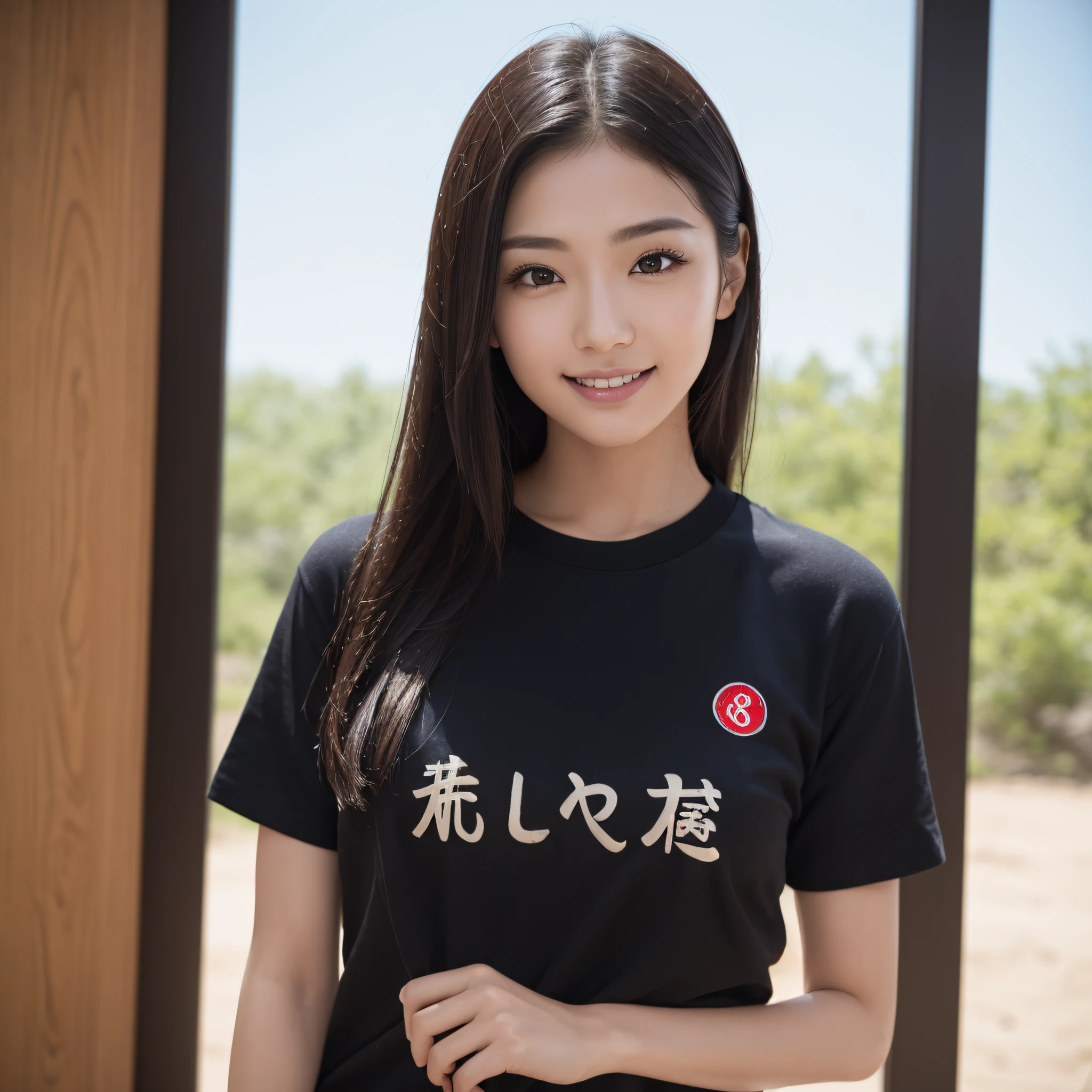One beauty、((best qualtiy、8k masterpieces:1.3))、foco nítido:1.2、(ultra beautiful faces:1.0)、(shinny skin:1.0)、photos realistic、A dark-haired、Video Lighting、High-definition eyes and face、Video Lighting、Japanese ido、from the front side、medium breasts、Smile、Slender Abs Beauty、Whole body、Wearing a T-shirt with Japan kanji written on it、on battlefield