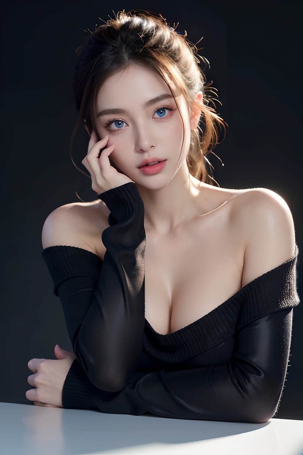 ultra high res, masterpiece, best quality,
,perfect glossy shiny skins, perfect lighting, detailed lighting,  ray tracing,
1girl,upper body, black sweater, looking at viewer, off shoulder, Big breasts, Exposed cleavage, blue Eyes,  sharp face, sharp eyes, in the dark,