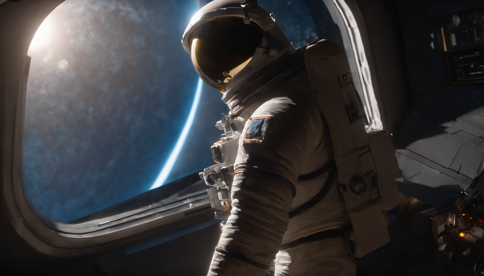 From the safety of the space station, the astronaut gazes out at the chaotic scene below as a colossal asteroid crashes into the Earth, sending shockwaves through the atmosphere and changing the course of history.