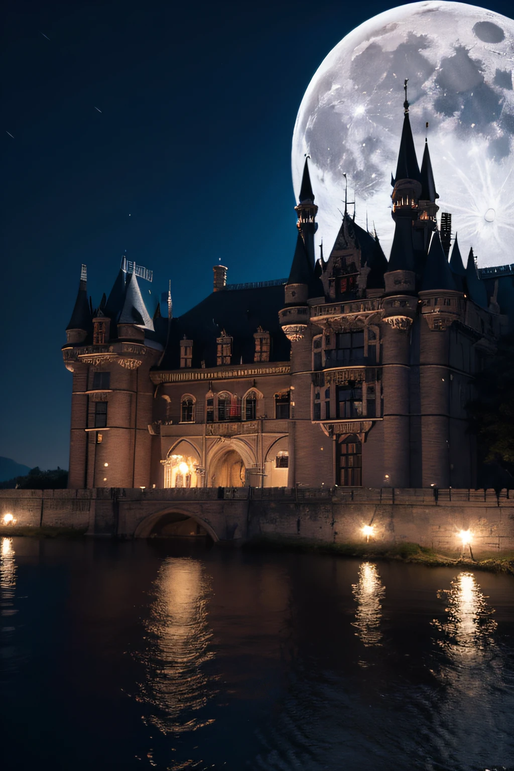 Black, white, red scene (arte em papel cortado: 1.5) A vampire castle in the darkness of the night, an award winning masterpiece (Cut-out art pictures: 1.5), Vampire dark castle at night with towers. turrets, moat, Use only (black: 1.2), (White: 1.2) and (Red: 1.2) colours, Moon stars, Dynamic Angle, Moon lightning, Dynamic Angle, best detail, Best quality, 16k, [Ultra detailed], Masterpiece, Best quality, (Ultra detailed), full bodyesbian, super wide shot, photorealistic 3d render