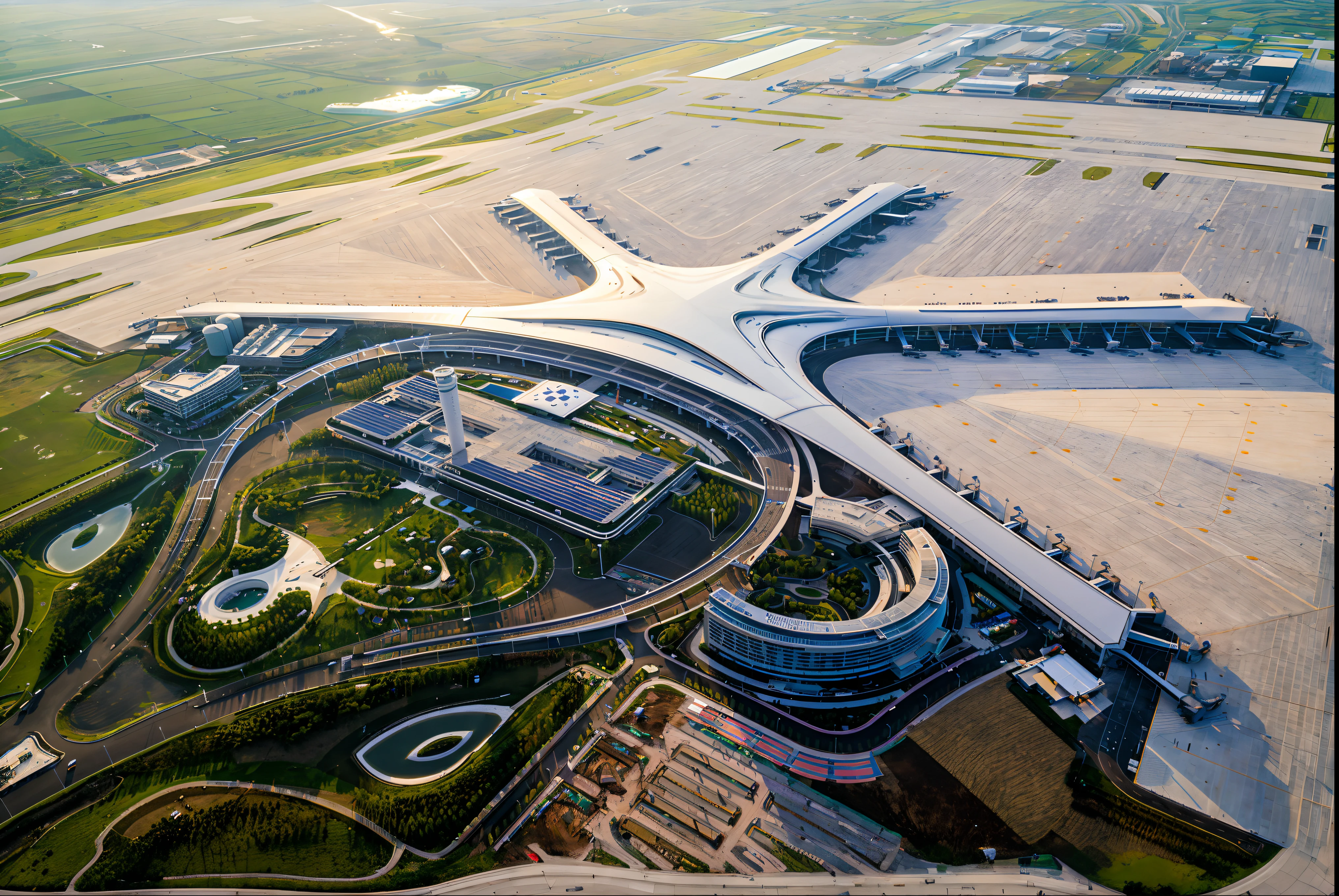 Aerial view of a large airport with many buildings, author：Chass is silent, beijing, in future airport rooftop, Terminal, Super high resolution, airport, mu pan, upper view, high end, high - end, Eat Zhuoxin, zaha hadid style architecture, a wide full shot, shanghai, shaxi