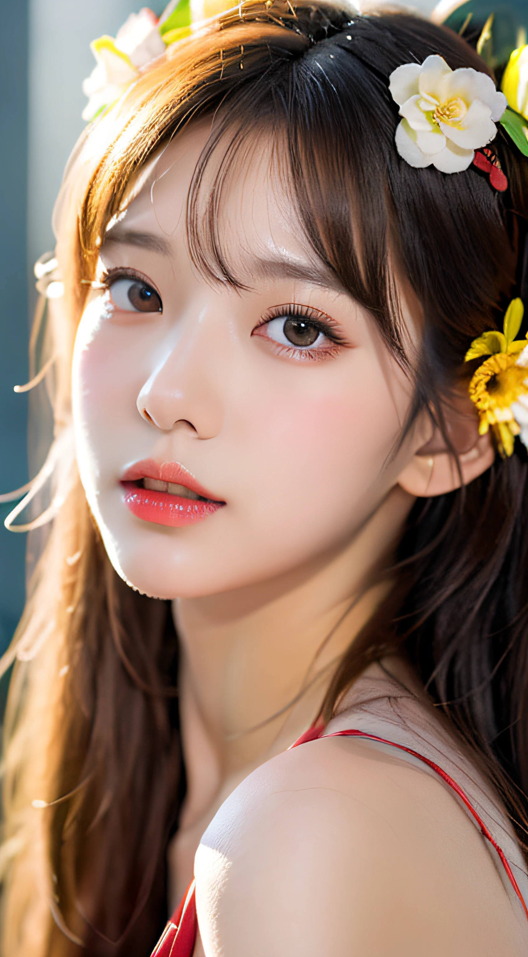 (masutepiece),(Best Quality:1.0), (超A high resolution:1.0), detailed illustration,fullbody image、 8K, Anime, 1girl in, Beautiful anime girl, wearing red dress, flowercrown, Pretty Face, Detailed face, Beautiful eyes, Detailed eyes, Dark blue eyes, bright red lips, Red Lipstick, beadetailed stylish hair, highlights in hair, Bangs anime style, Best Quality, Vibrant