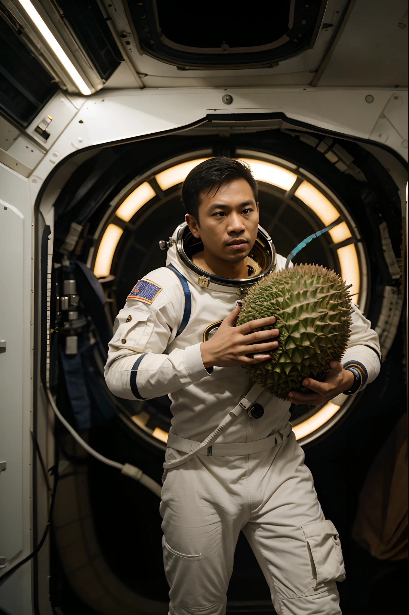 A malay man astronaut carrying a big durian fruit in space, astronaut full suits, a lot of durian fruit floating, movie shot angle, dramatic effect, shocking face, bokeh, cinematic lighting, movie shot framing, earth in background, blur background, high quality, ultra detail, 8k,