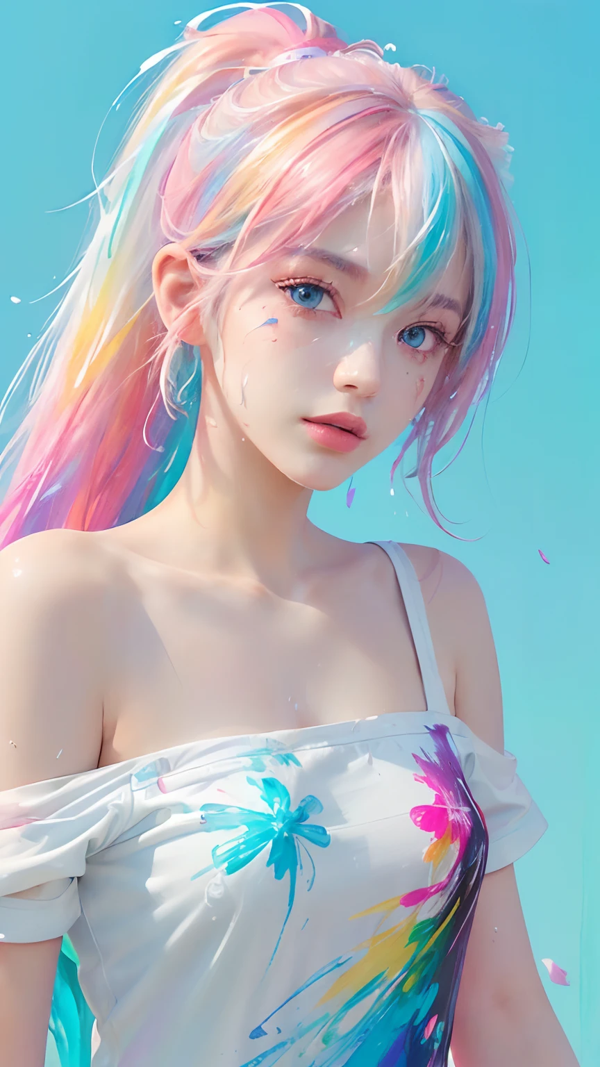(Pink Fashion T-shirt:1.9),(Colorful hair: 1.8), (all the colours of the rainbow: 1.8),(((((vertical painting:1.6))), (painting:1.6),front, comics, illustrations, paintings, large eyes, crystal clear eyes,( rainbow color gradient high ponytail:1.7), exquisite makeup, closed mouth,(Small Fresh: 1.5),(Wipe Chest: 1.6) ,long eyelashes, white off shoulder T-shirt, White Shoulder Shirt,looking at the audience, large watery eyes, (rainbow colored hair:1.6), color splash, (solo:1.8), color splash, color explosion, thick paint style, messy lines, ((shining)),(colorful), (colorful), (colorful), colorful, Thick Paint Style, (Splash) (Color Splash), Vertical Painting, Upper Body, Paint Splash, Acrylic Pigment, Gradient, Paint, Highest Image Quality, Highest Quality, Masterpiece, Solo, Depth of Field, Face Paint, colorful clothes, (Elegant: 1.2), gorgeous,long hair, wind, (Elegant: 1.3), (Petals: 1.4),(((masterpiece))),(((best quality))),((ultra-detailed)),(illustration),(dynamic angle),((floating)),(paint),((disheveled hair)),(solo),(1girl) , (((detailed anima face))),((beautiful detailed face)),collar,bare shoulders,white hair, ((colorful hair)),((streaked hair)),beautiful detailed eyes,(Gradient color eyes),(((colorful eyes))),(((colorful background))),(((high saturation))),(((surrounded by colorful splashes))),