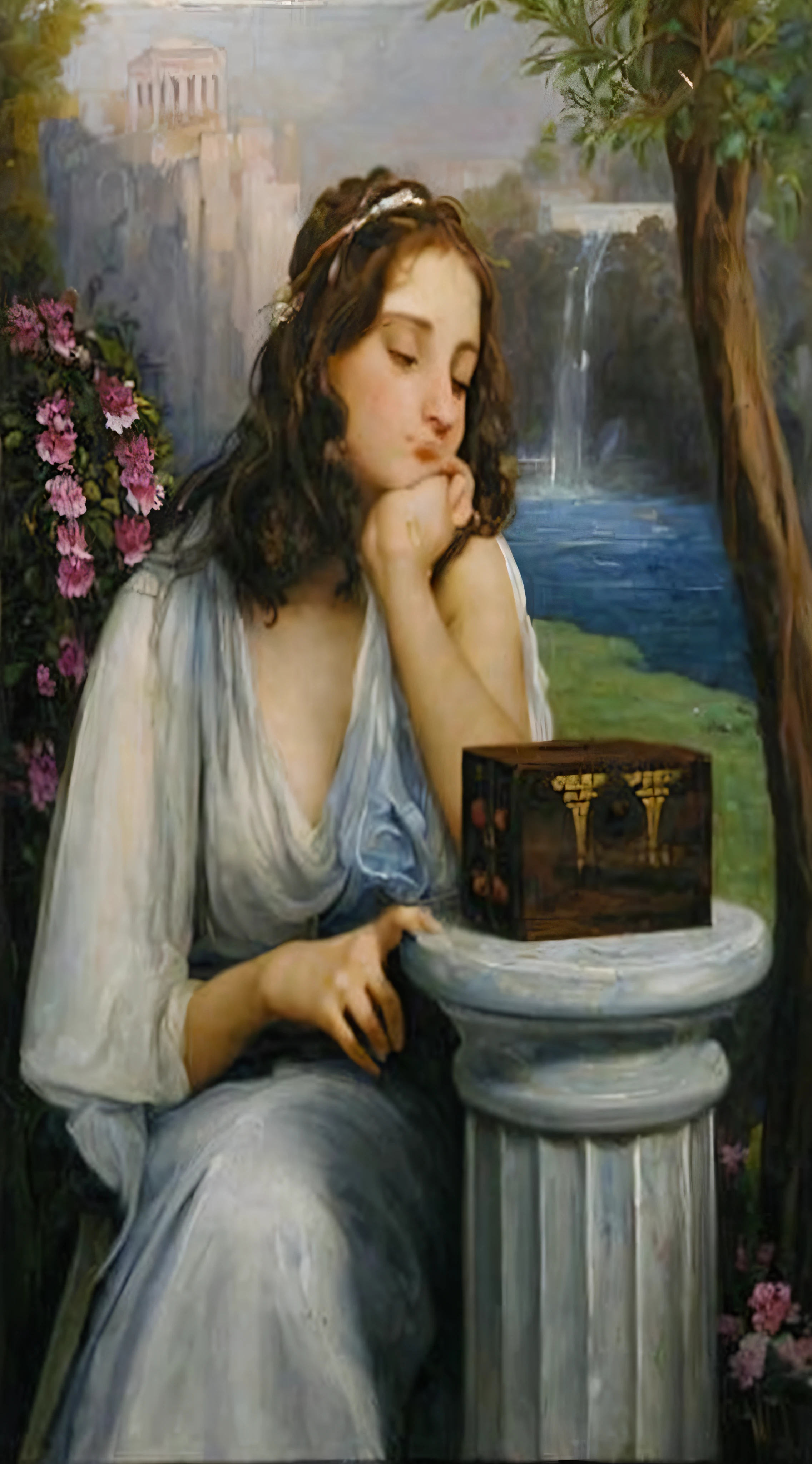 painting of a woman sitting on a pedestal with a box in her hand, romanticist oil painting ”, inspired by William-Adolphe Bouguereau, inspired by John William Waterhouse, greek myth digital painting, fantasy oil painting, the goddess hestia, neoclassic oil painting, magic realism painting, mystical oil on linen, by Antonio Donghi, by Genevieve Springston Lynch