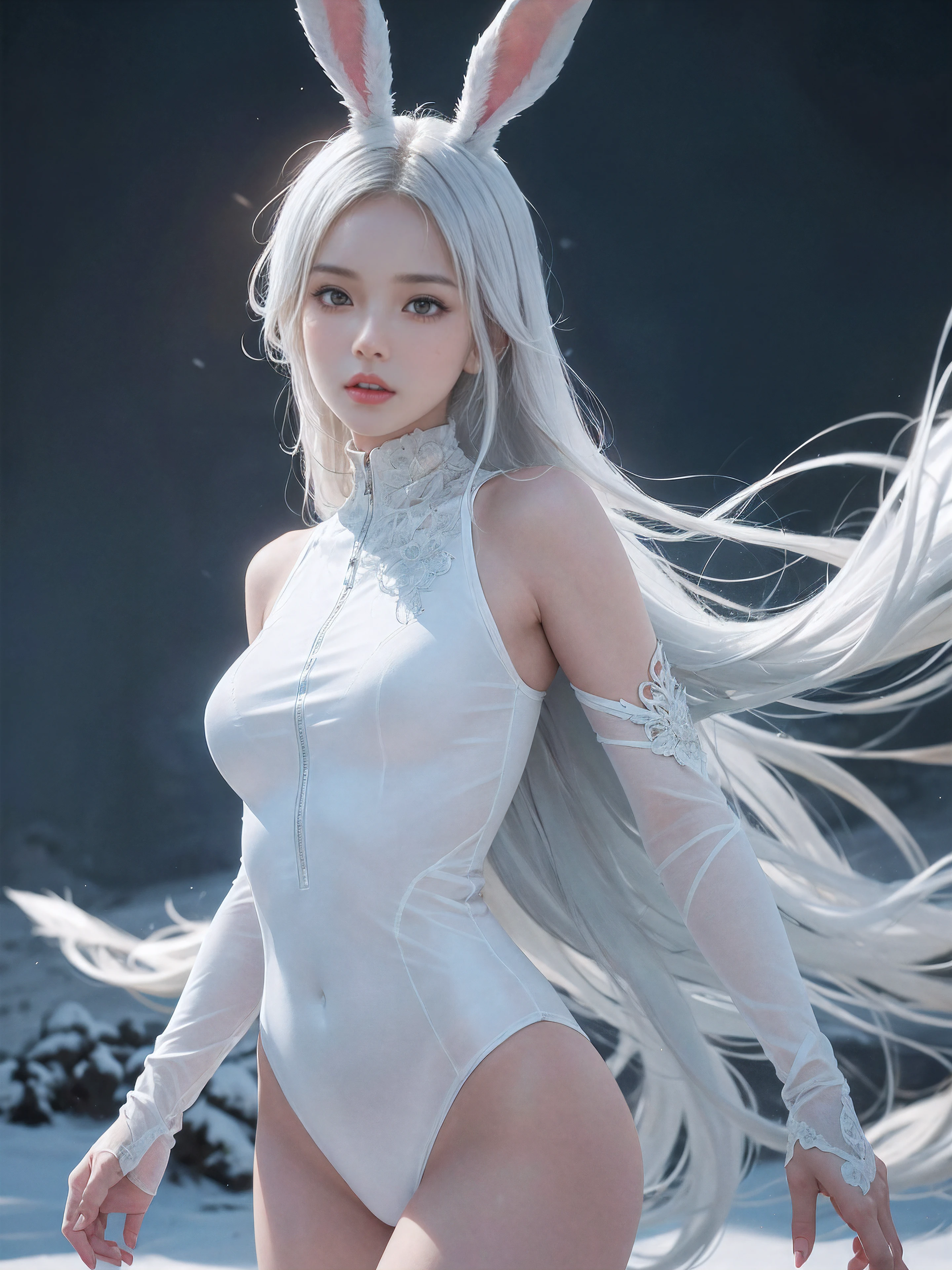 25-year-old girl with rabbit ears posing in the snow, suntanned skin, perfect white haired girl, 3d rendered character art 8 K, trending on cgstation, in a white bodysuit, with white very long hair, The Goddess of Winter, sexypose, Curved body, (intricate details:0.9), (HDR, hyper-detailing:1.2), (natural skin textures, hyper realisitc, soft light, Sharp), (Intricate Detail 1.5). Gloomy dark background.