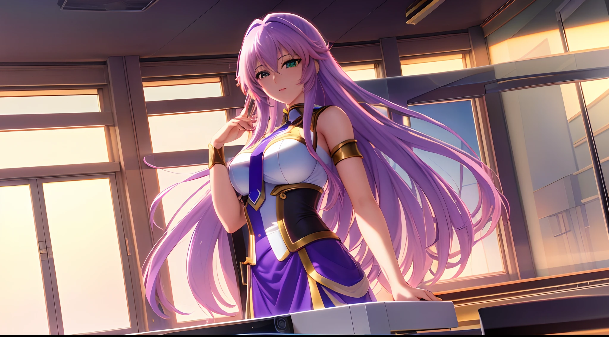 Saint seiya Athena with plain long light purple hair,hair between eyes,green eyes,rosy cheeks,full lips,thin eyebrows,slender body,wearing black coat necktie and full long skirt,praying beads on neck,cute anime girl,full body,classroom computer in background,anime style,Lumen Reflections,Screen Space Reflections,Diffraction Grading,Chromatic Aberration,GB Displacement,Scan Lines,Ray Traced,Anti-Aliasing,FXAA,TXAA,RTX,SSAO,Shaders,OpenGL-Shaders, GLSL-Shaders,Post Processing,Post-Production,cell Shading,Tone Mapping,CGI,VFX,SFX,insanely detailed and intricate, 4K,standing, solo, masterpiece, best quality, detailed face, detailed eyes, highres, standing, solo,masterpiece, best quality